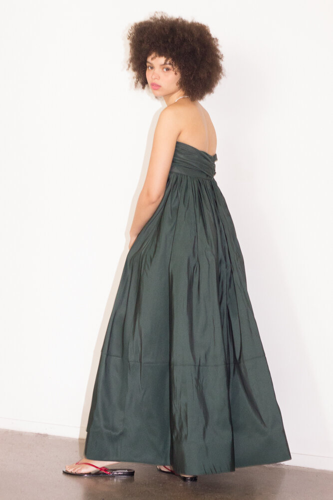 1990s Couture Evergreen Silk Taffeta Voluminous Strapless Gown