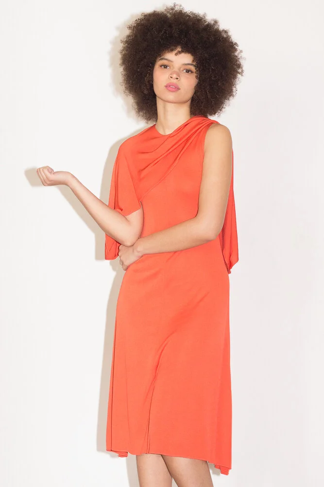 1970s Scott Barrie Coral Matte Jersey Caped Disco Dress