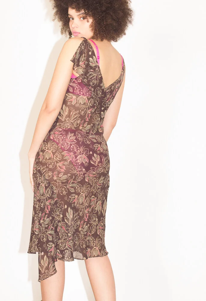 1990s Milk Chocolate Floral Silk Chiffon Slip Dress