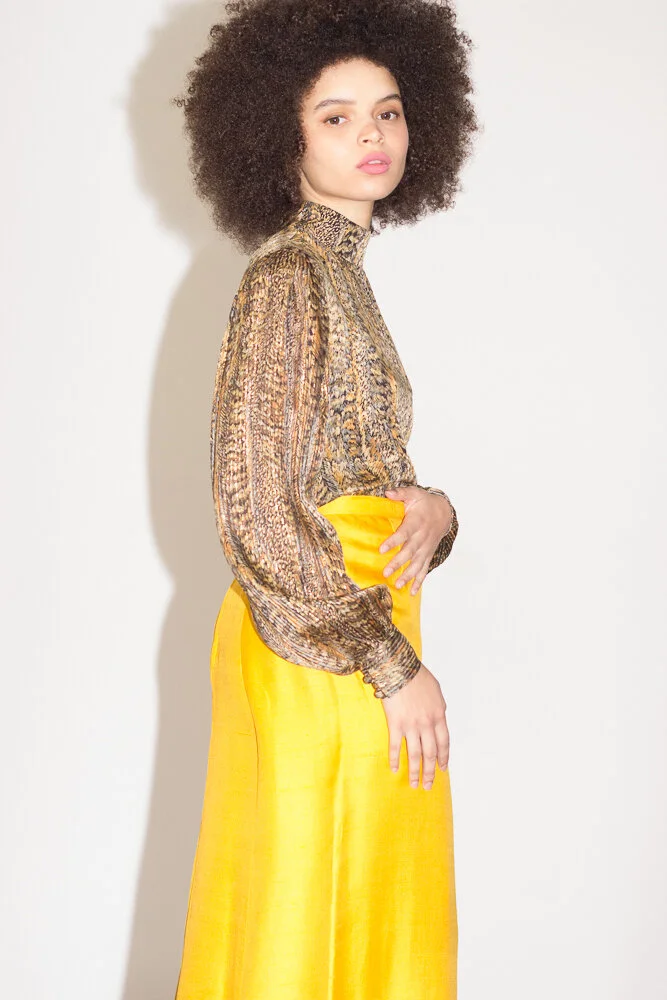 1980s Adrianna Papell Feather Print Silk and Lurex Blouse