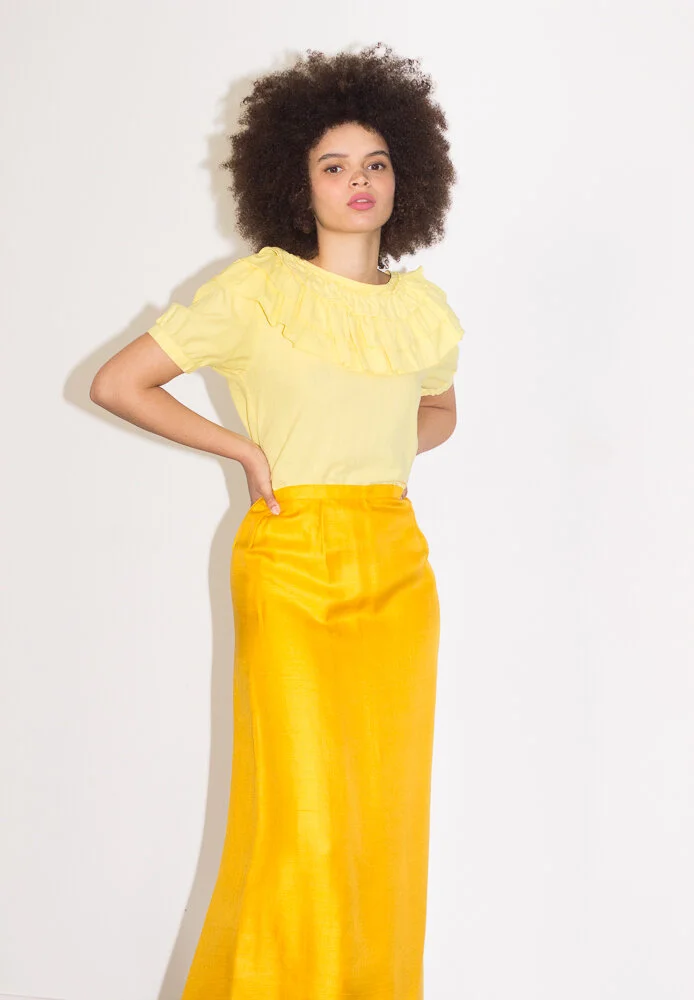 1970s Trousers Up India Cotton Yellow Ruffle
