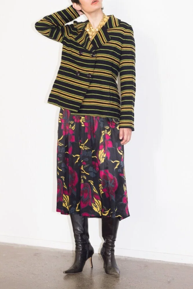1980s Silk Charmeuse Printed Middy Skirt