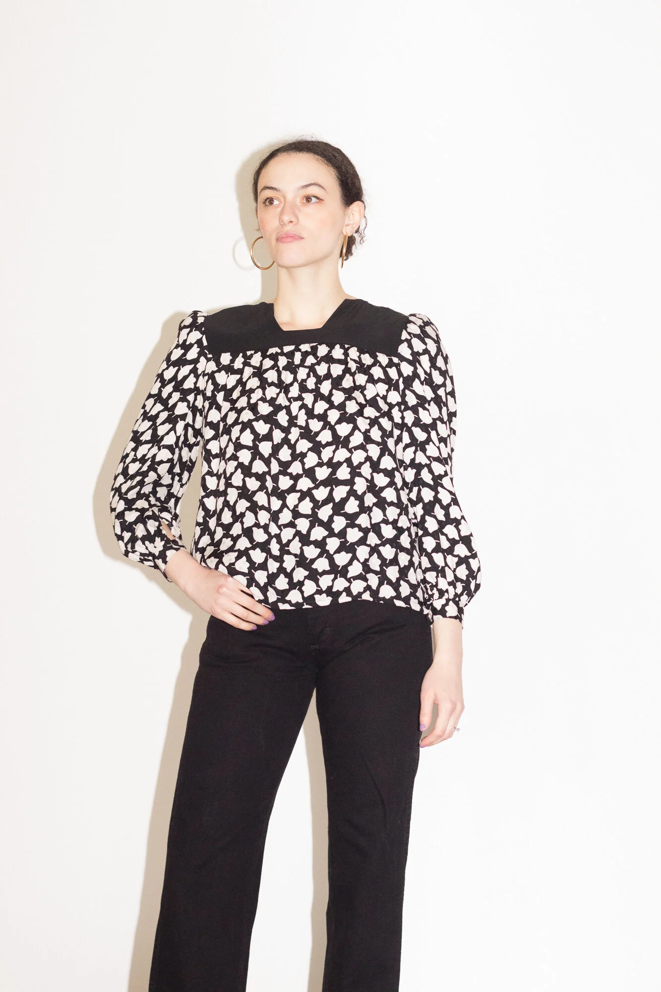 1970s Black and White Tulip Print Silk Blouse