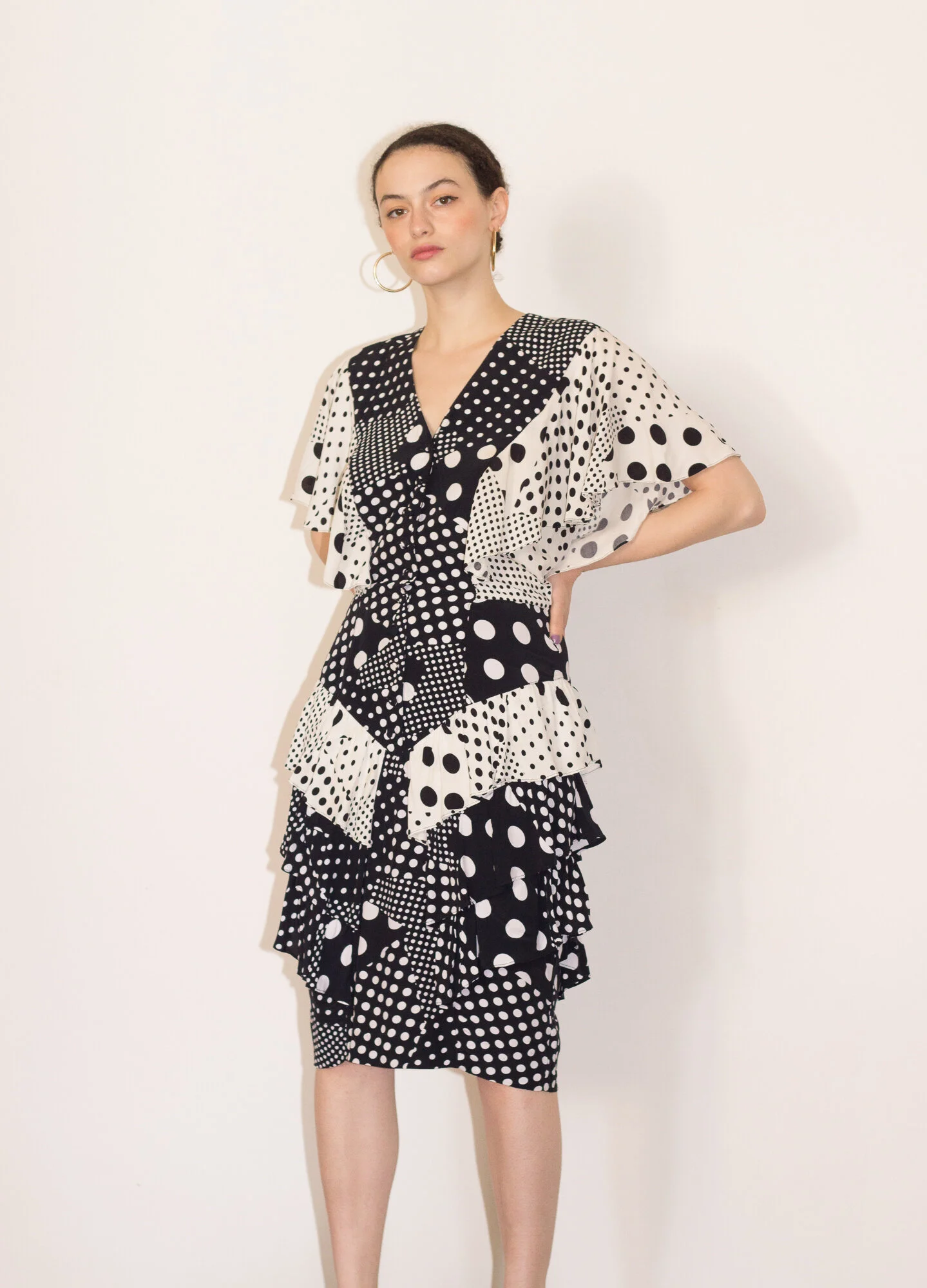 1970s Barbara Barbara Polka Dot Patchwork Ruffle Dress