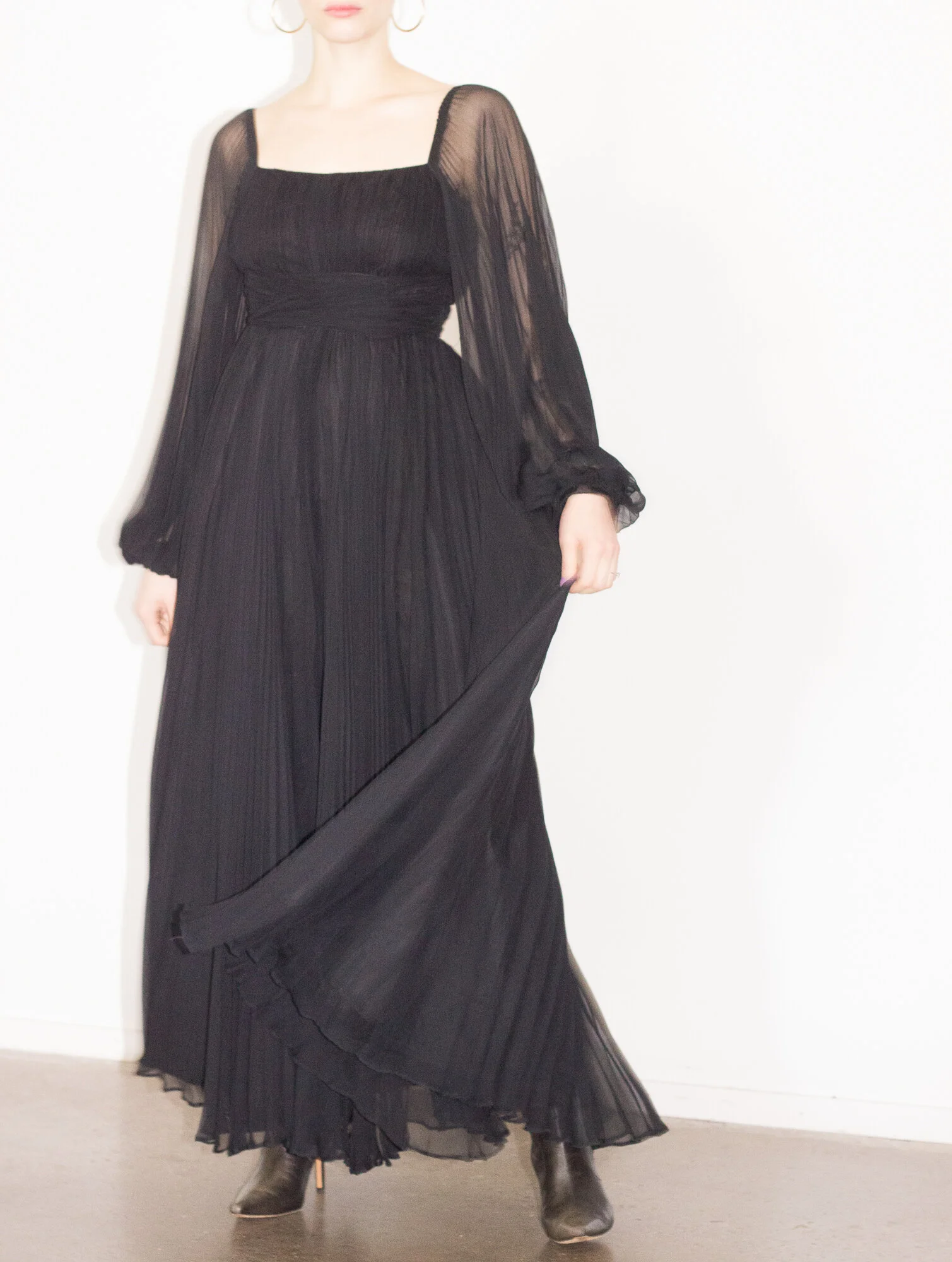 1970s Black Silk Chiffon Accordion Pleated Gown