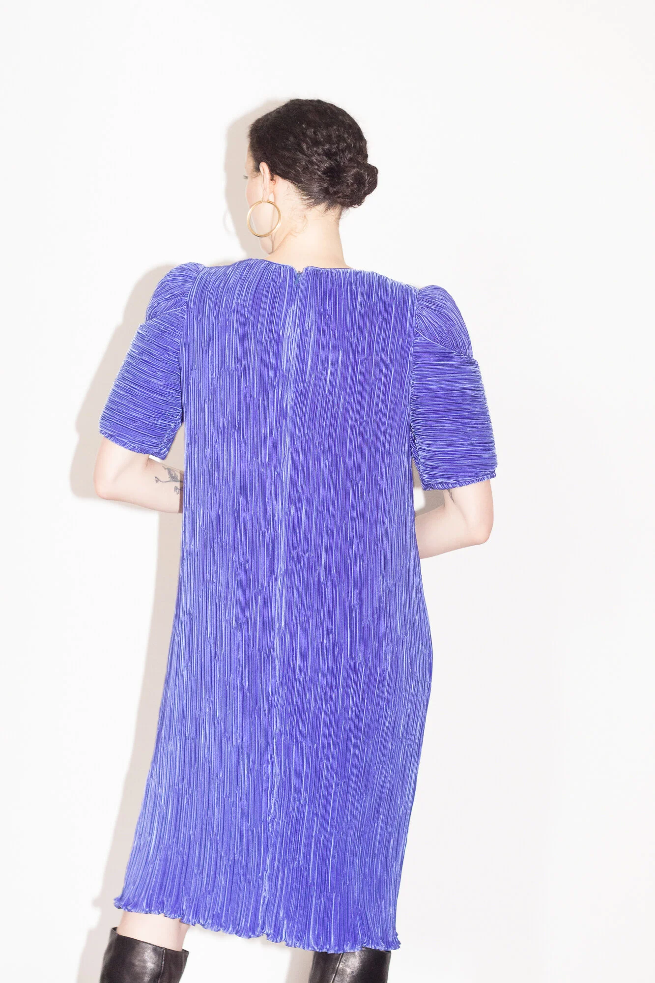 1980s Blue Pleated Puff Sleeve Dress