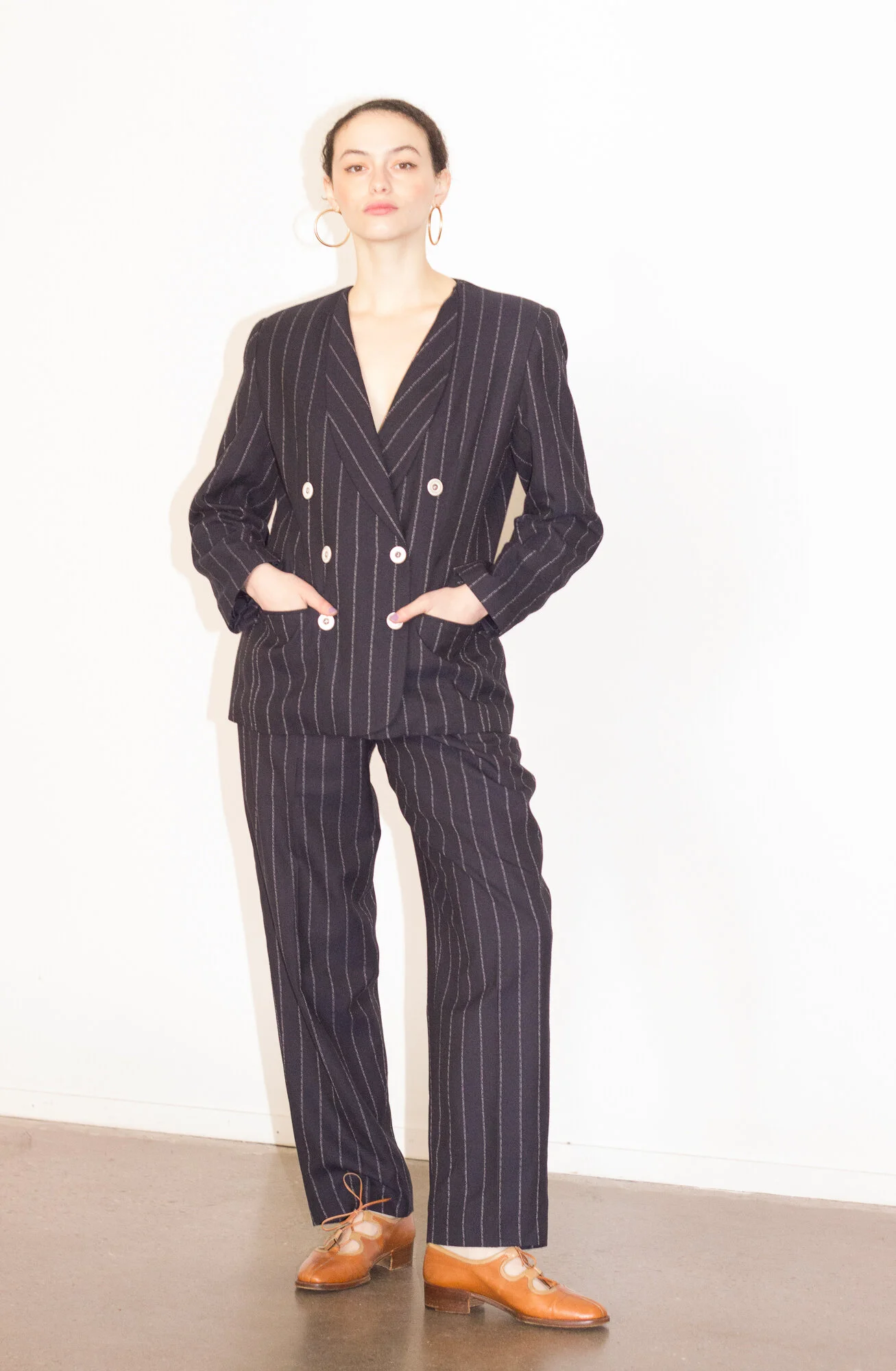 1980s Adolfo Navy Chalk Line Pinstripe Suit — Wayward Collection