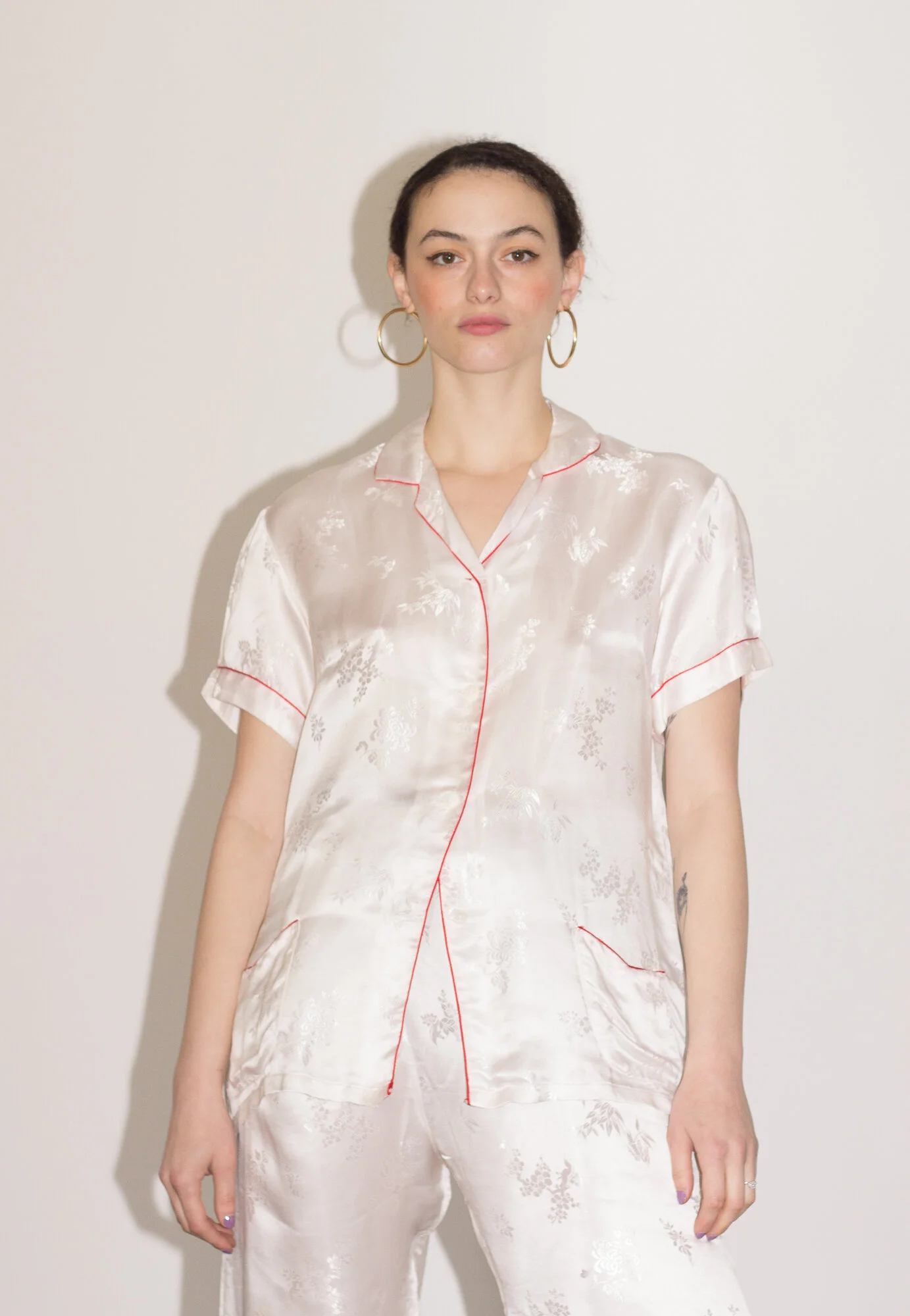 1960s White Silk Jacquard Pajamas with Red Piping