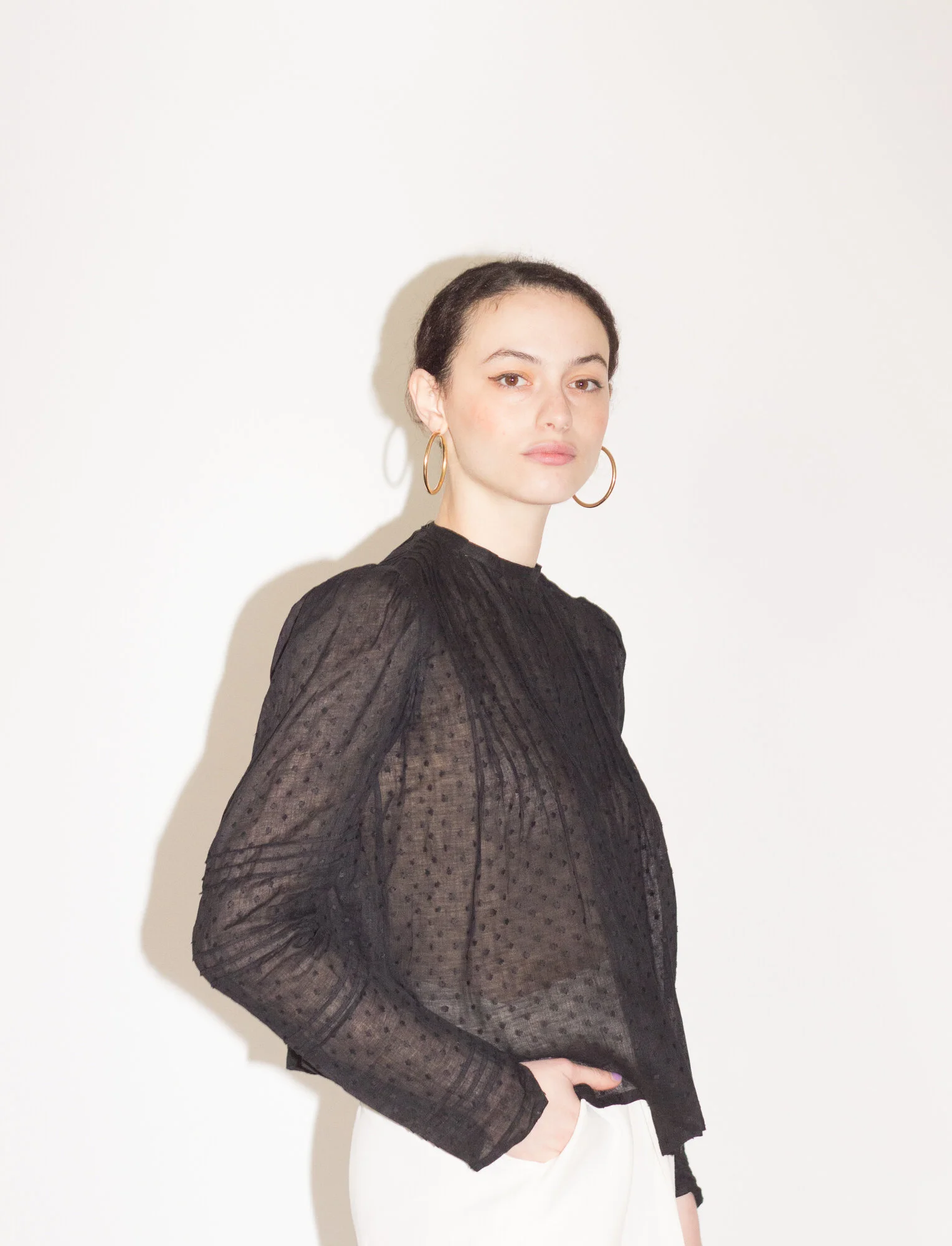 1910s Antique Swiss Dot Voile A-Line Blouse with Pintuck Yoke