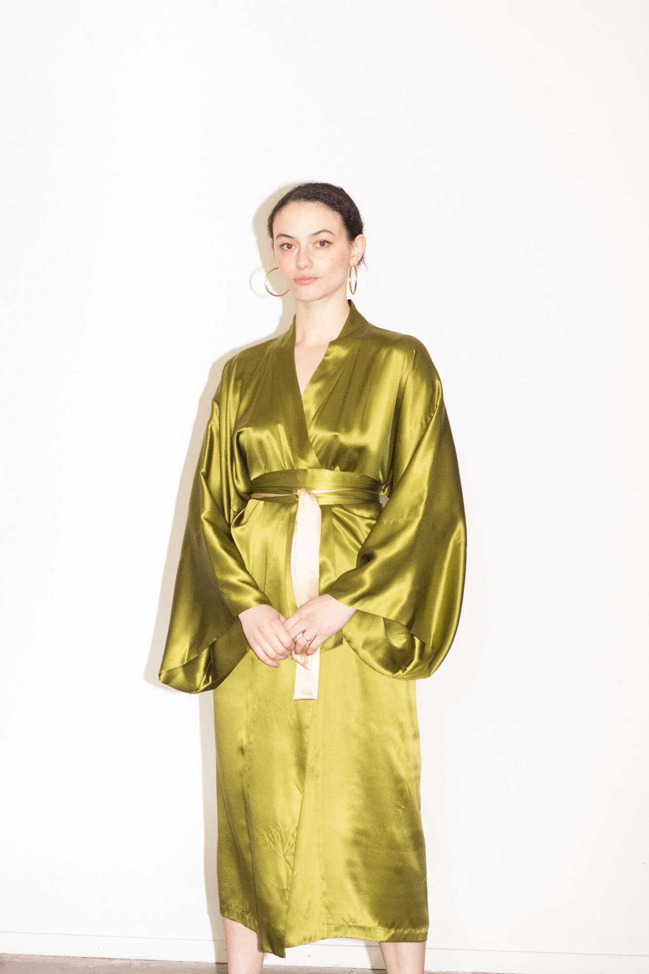 1990s Chartreuse Silk Charmeuse Kimono Robe with Sash