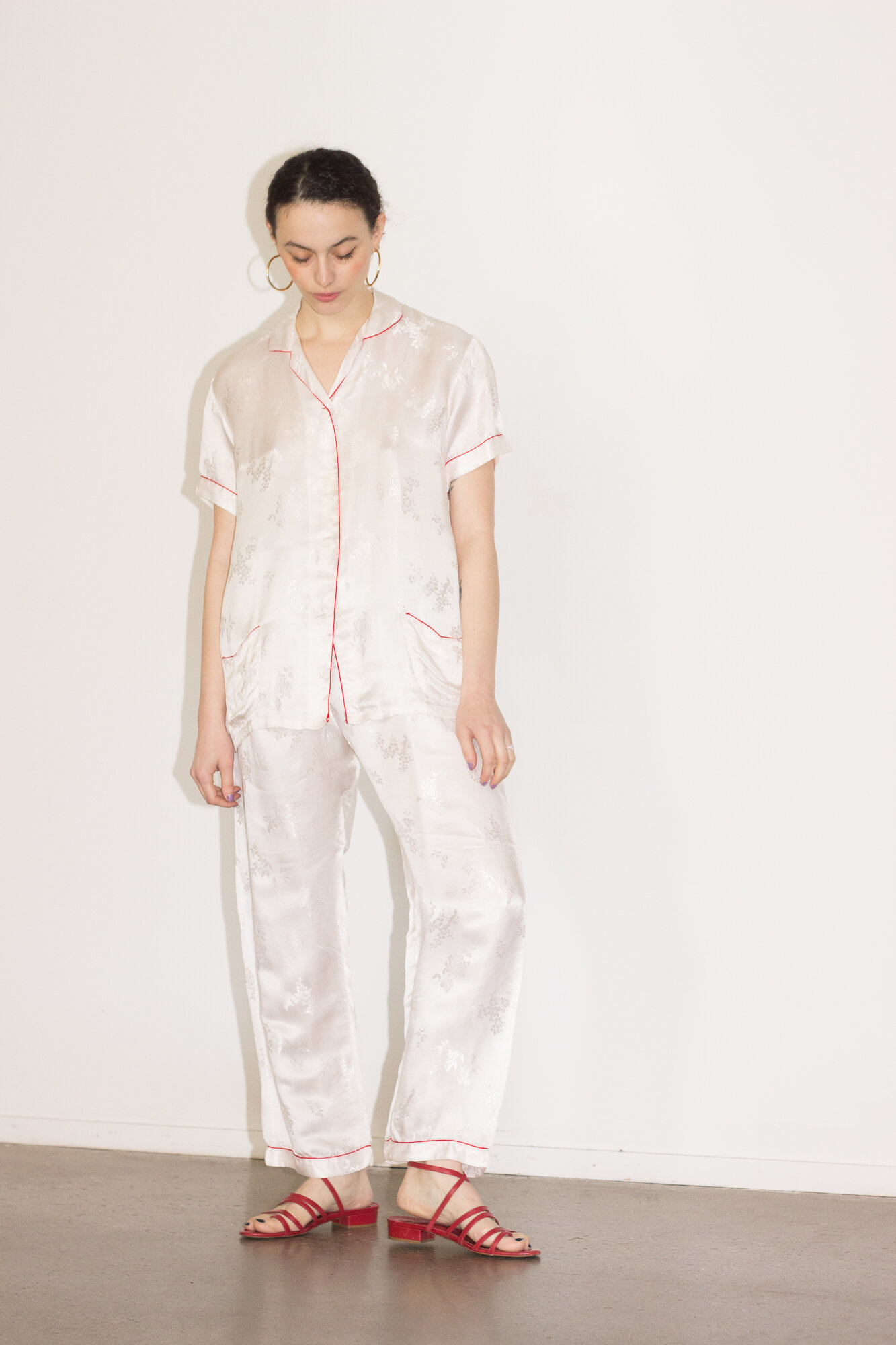 1960s White Silk Jacquard Pajamas with Red Piping — Wayward Collection