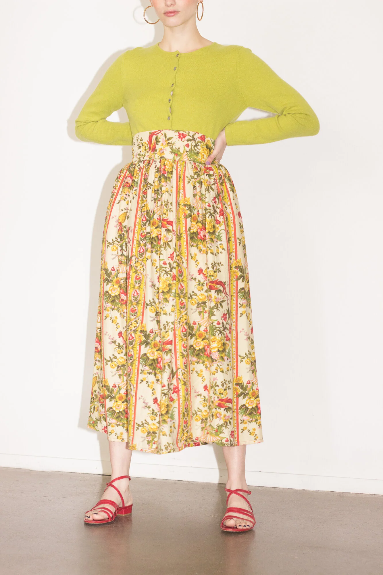 1970s Botanical and Avian Foulard Skirt