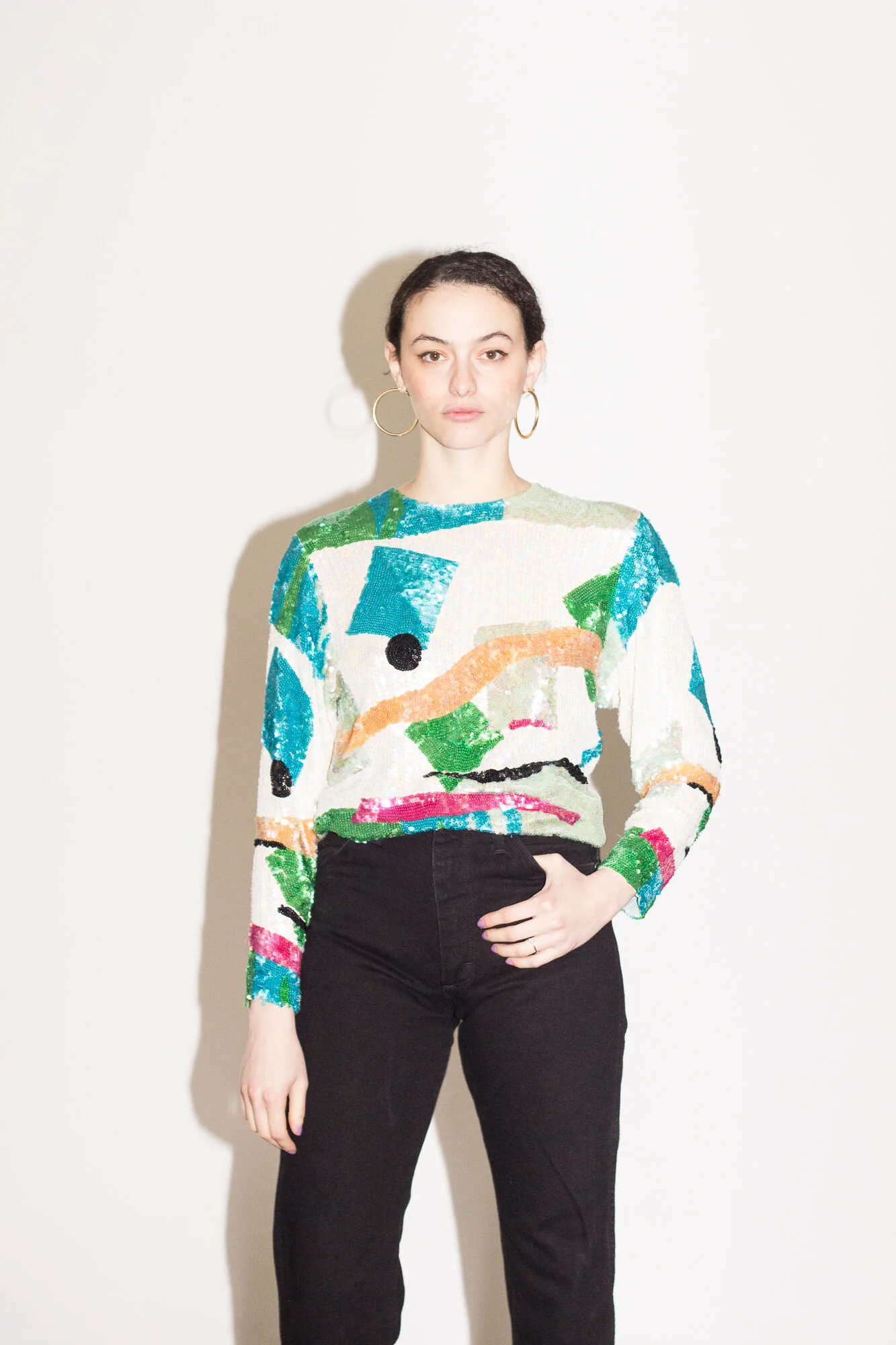 1980s Abstract Sequined Silk Blouse