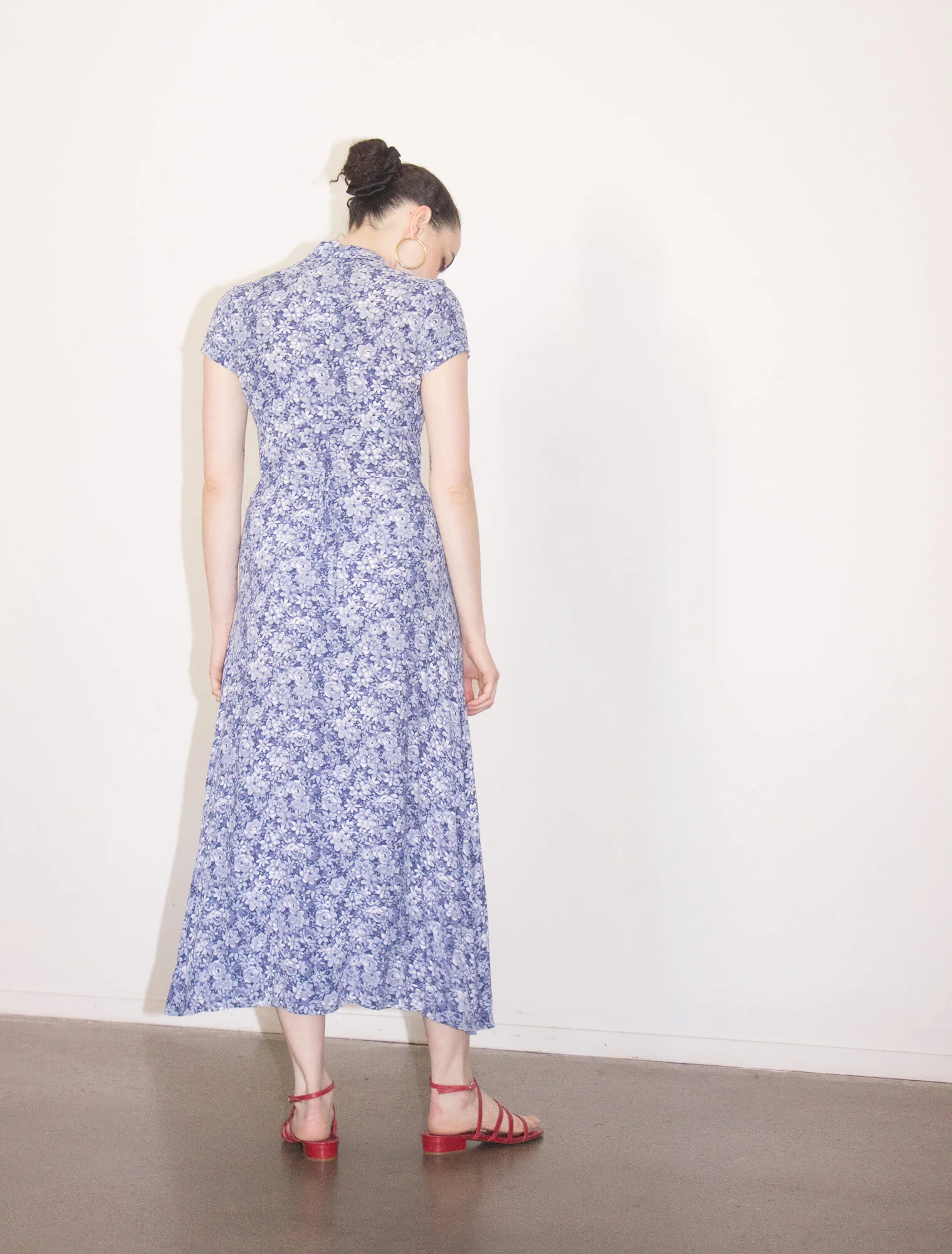 1990s Denim Blue Daisy Print Rayon Dress
