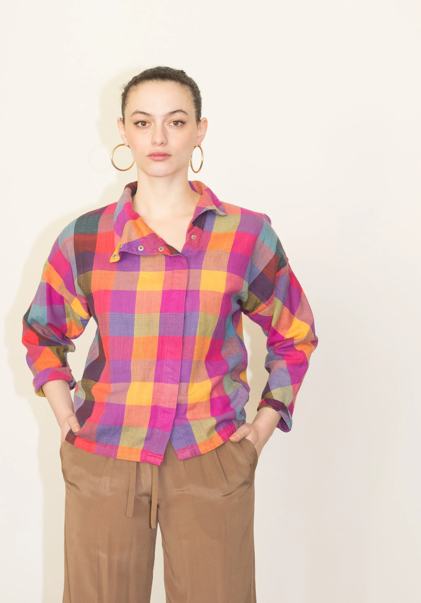 1980s Madras Cotton Snap Collar Top