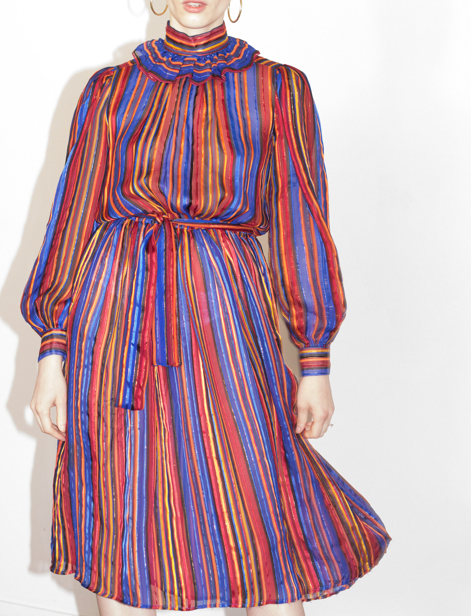 1970s Pierrot Collar Striped Silk Dress