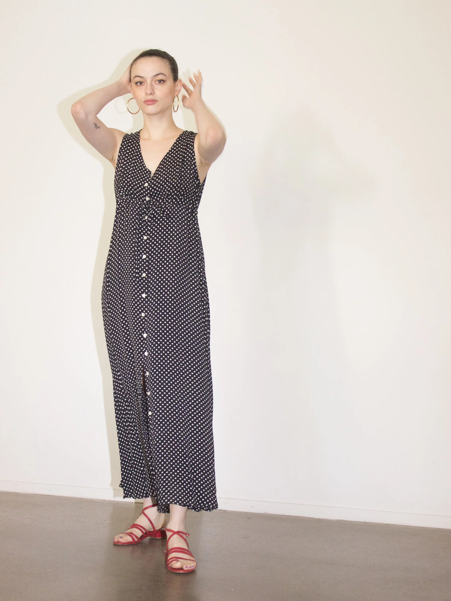 polka dot empire waist dress RED POLKA DOT PRINT ON VENECIA SPANDEX l 3/4 SLEEVE SURPLICE EMPIRE WA –  Brndpark main image 1