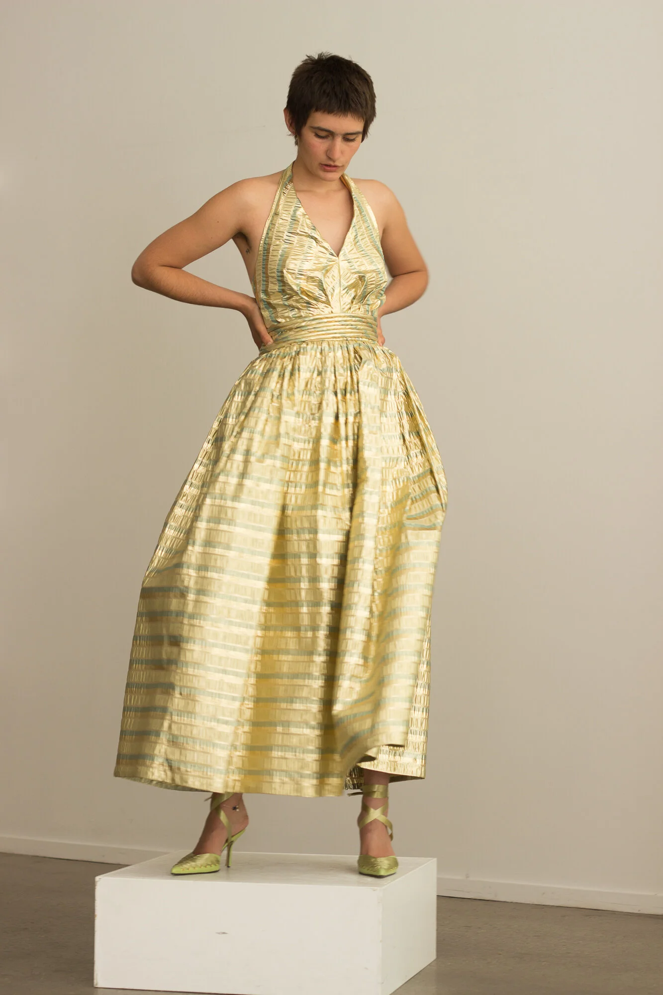 1960s Gold Lam Seersucker Halter Gown  Wayward Collection