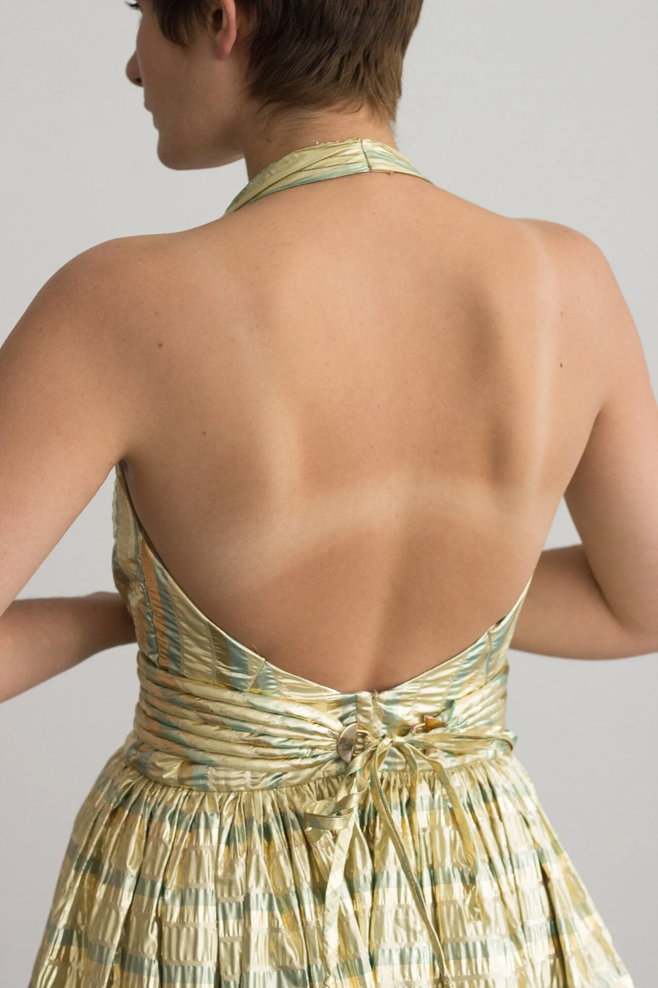 1960s Gold Lam Seersucker Halter Gown  Wayward Collection