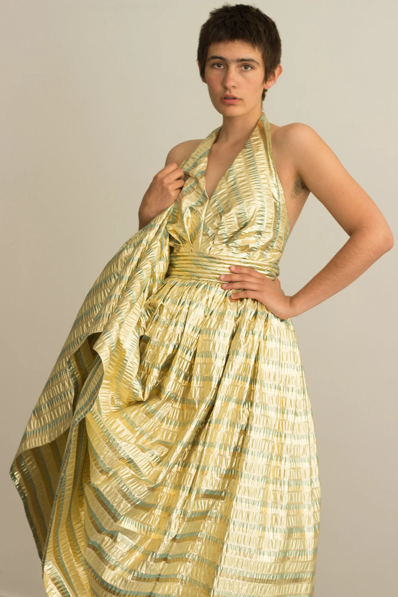 marilyn gold lame dress Iconic Fall 1980 John Anthony Couture Plunge Front Gold Lame Halter Dr –  Shrimpton Couture
