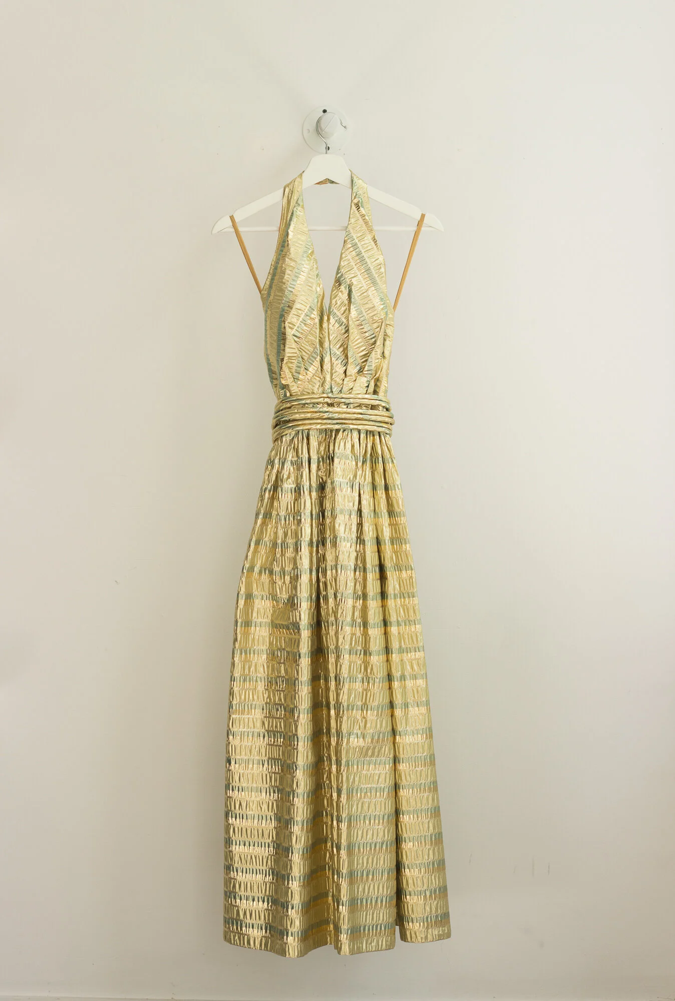 slim fit dress slacks Iconic Fall 1980 John Anthony Couture Plunge Front Gold Lame Halter Dr –  Shrimpton Couture main image 1