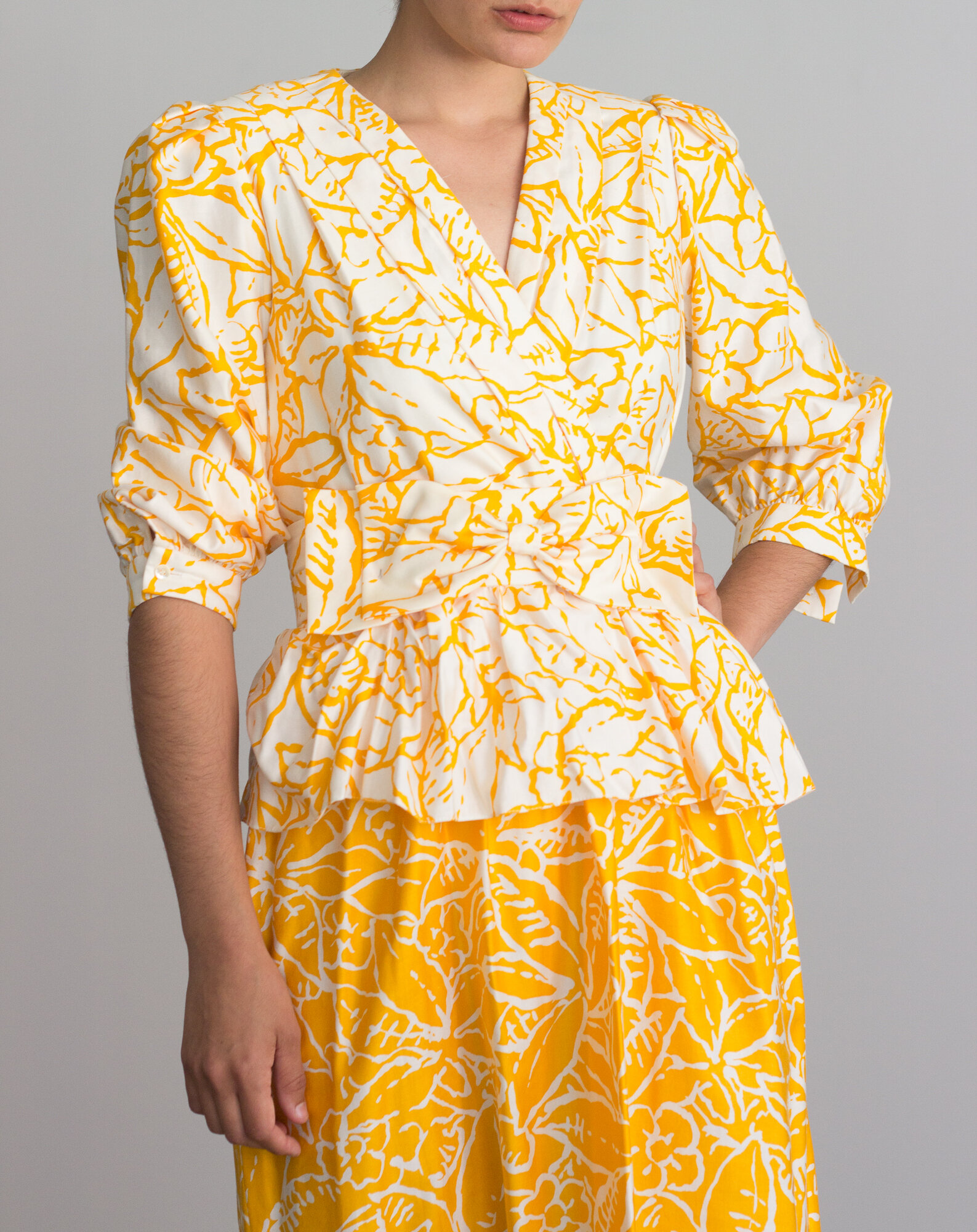 1980s Yellow Cotton Printed Peplum Dress
