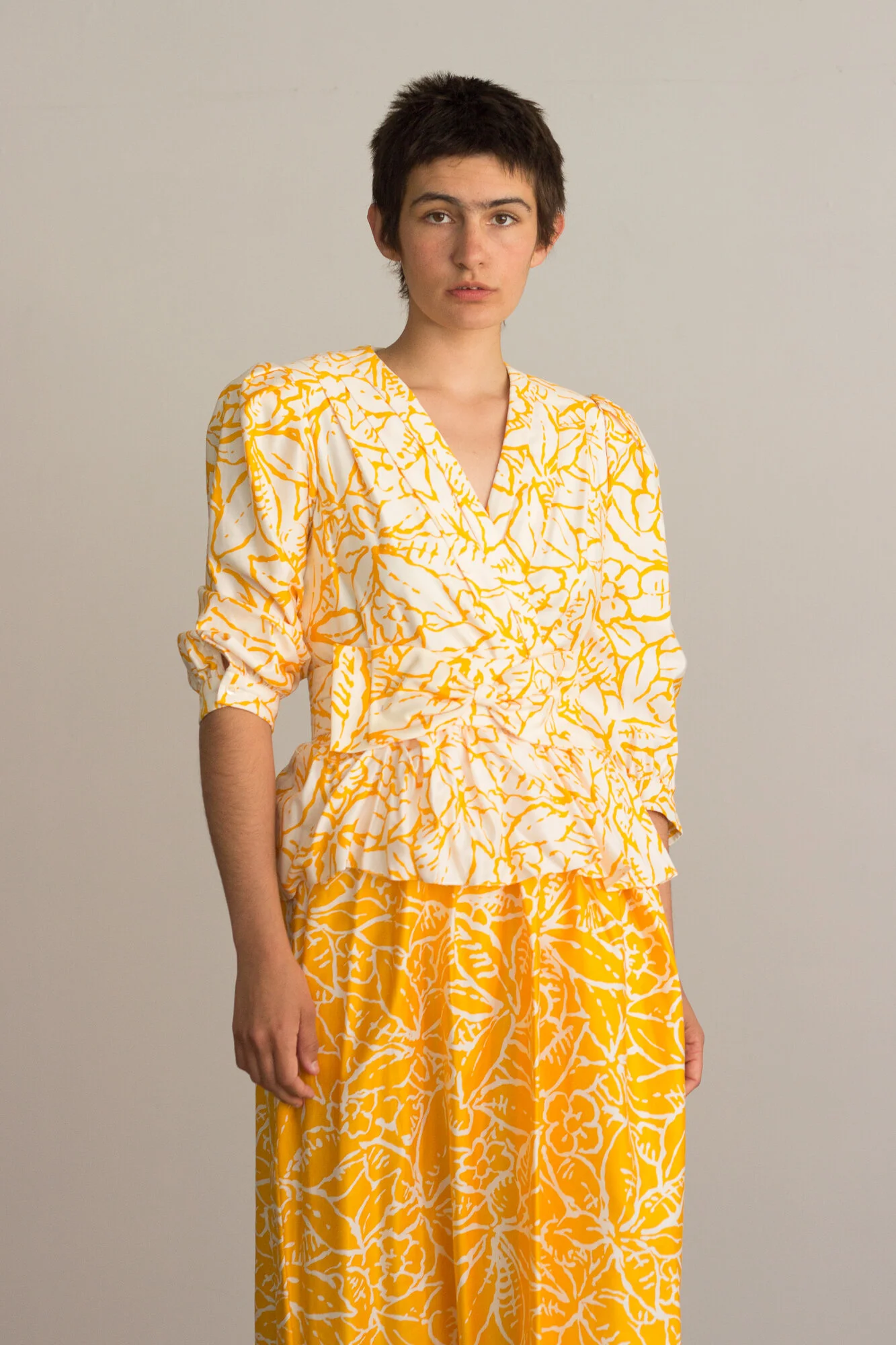 1980s Yellow Cotton Printed Peplum Dress  Wayward Collection