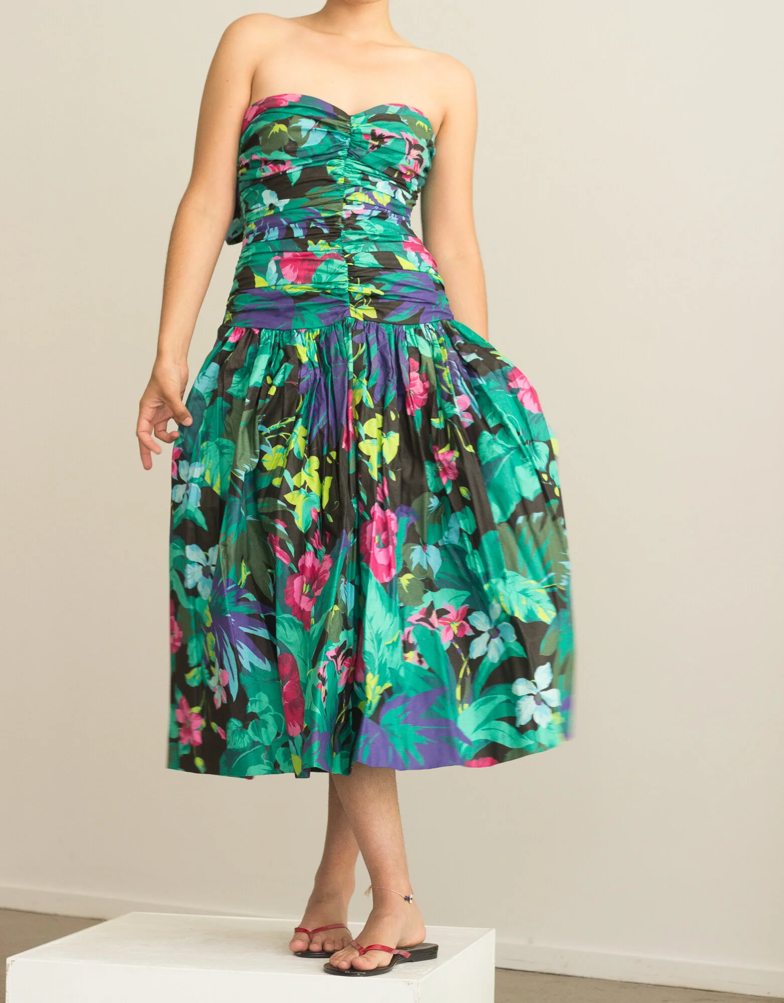 1980s Polished Cotton Ruched Garden Party Dress