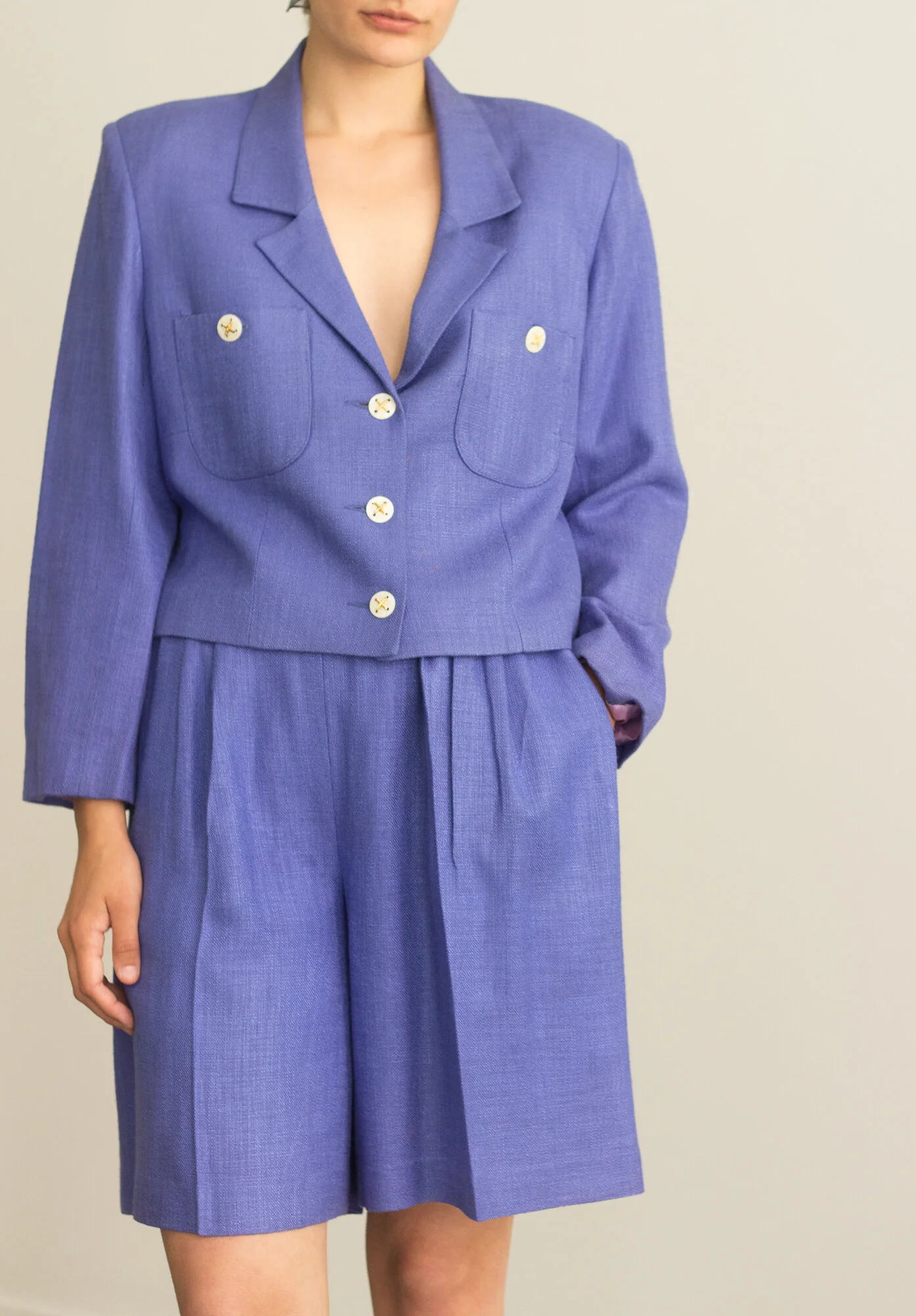 1980s Lady Di Periwinkle Shorts Suit