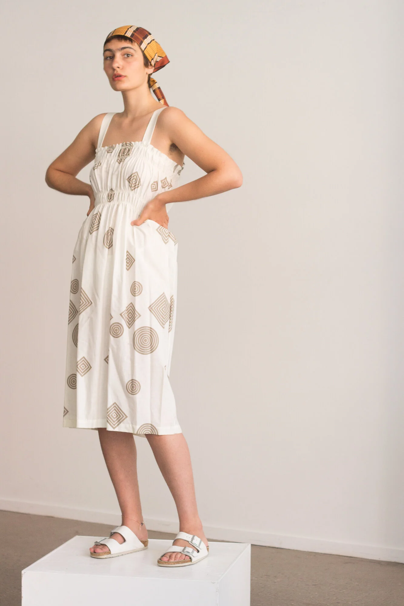 1970s White Geo Smocked Sun Dress