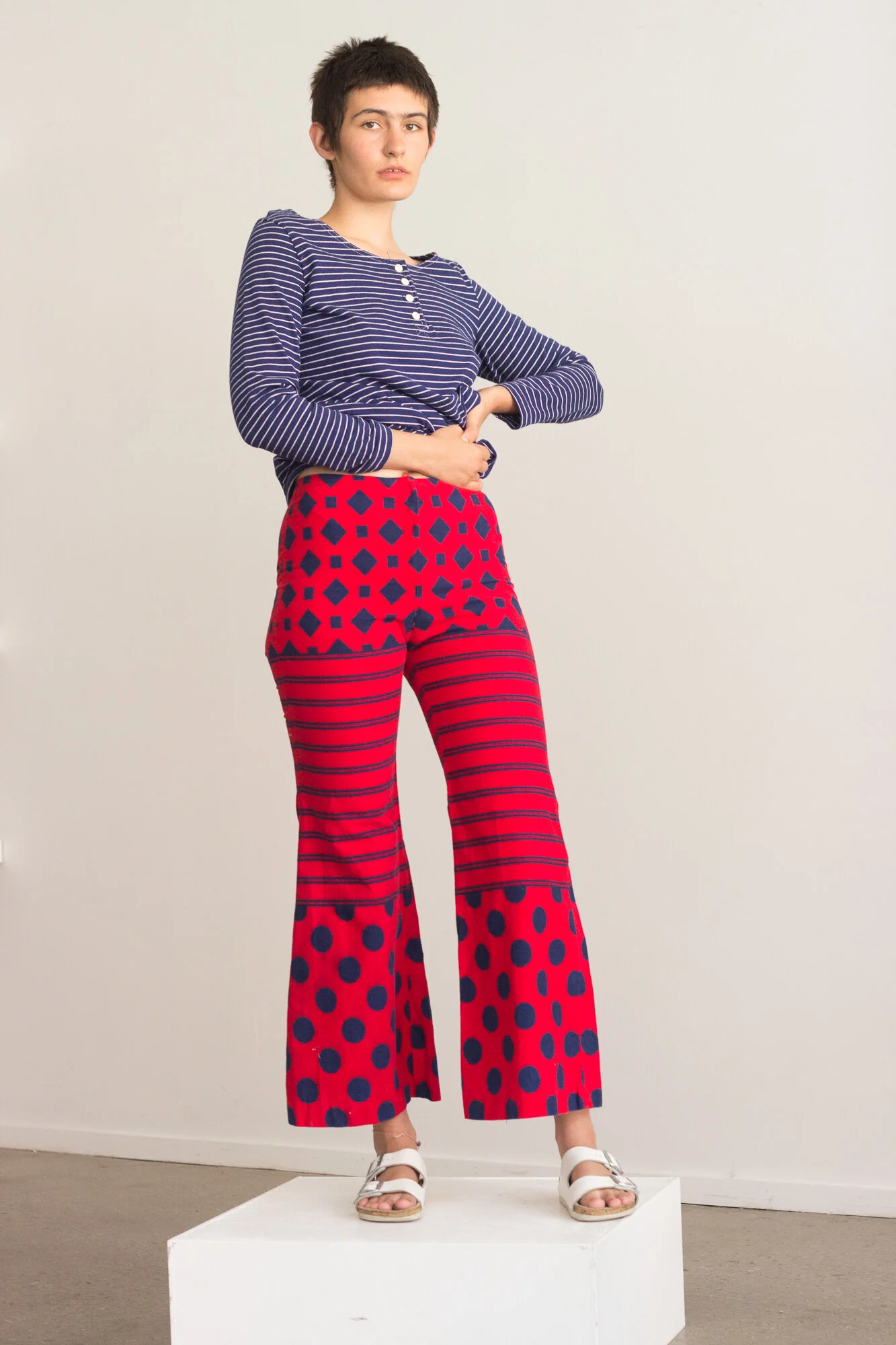 1960s Striped and Polka Dotted Red Cotton Hip Huggers
