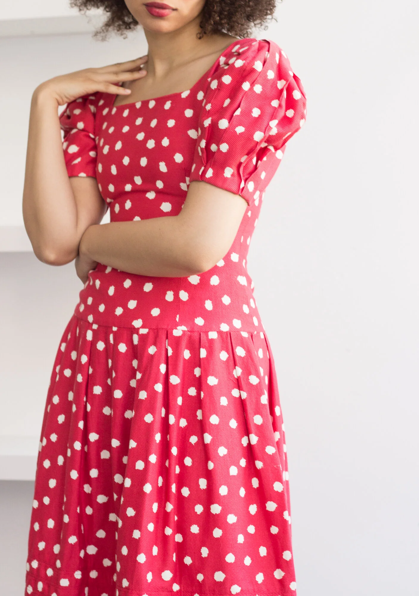 1980s Morton Myles Dot Print Puff Sleeve Dress