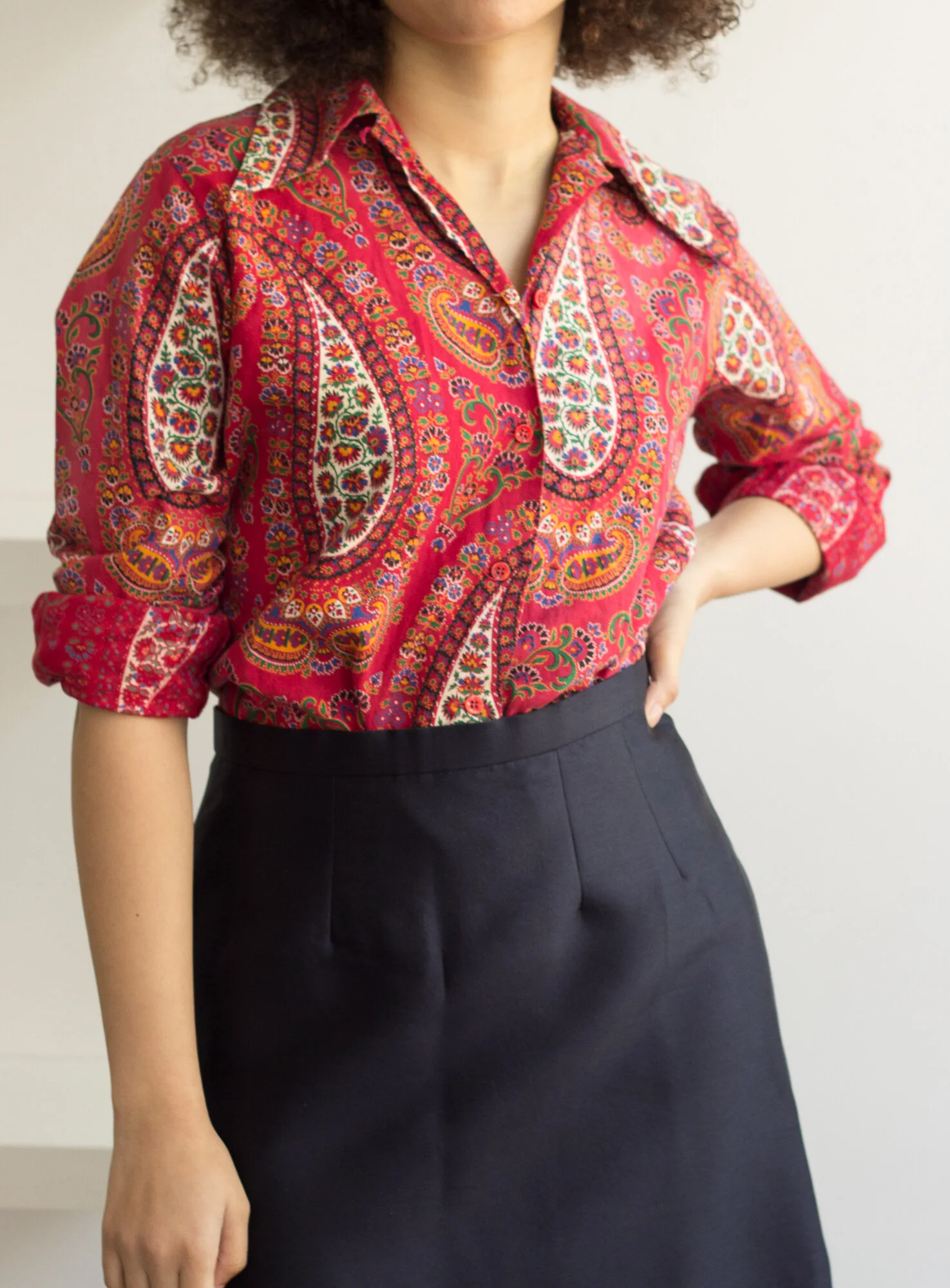 1960s Cotton Paisley Spread Collar Blouse