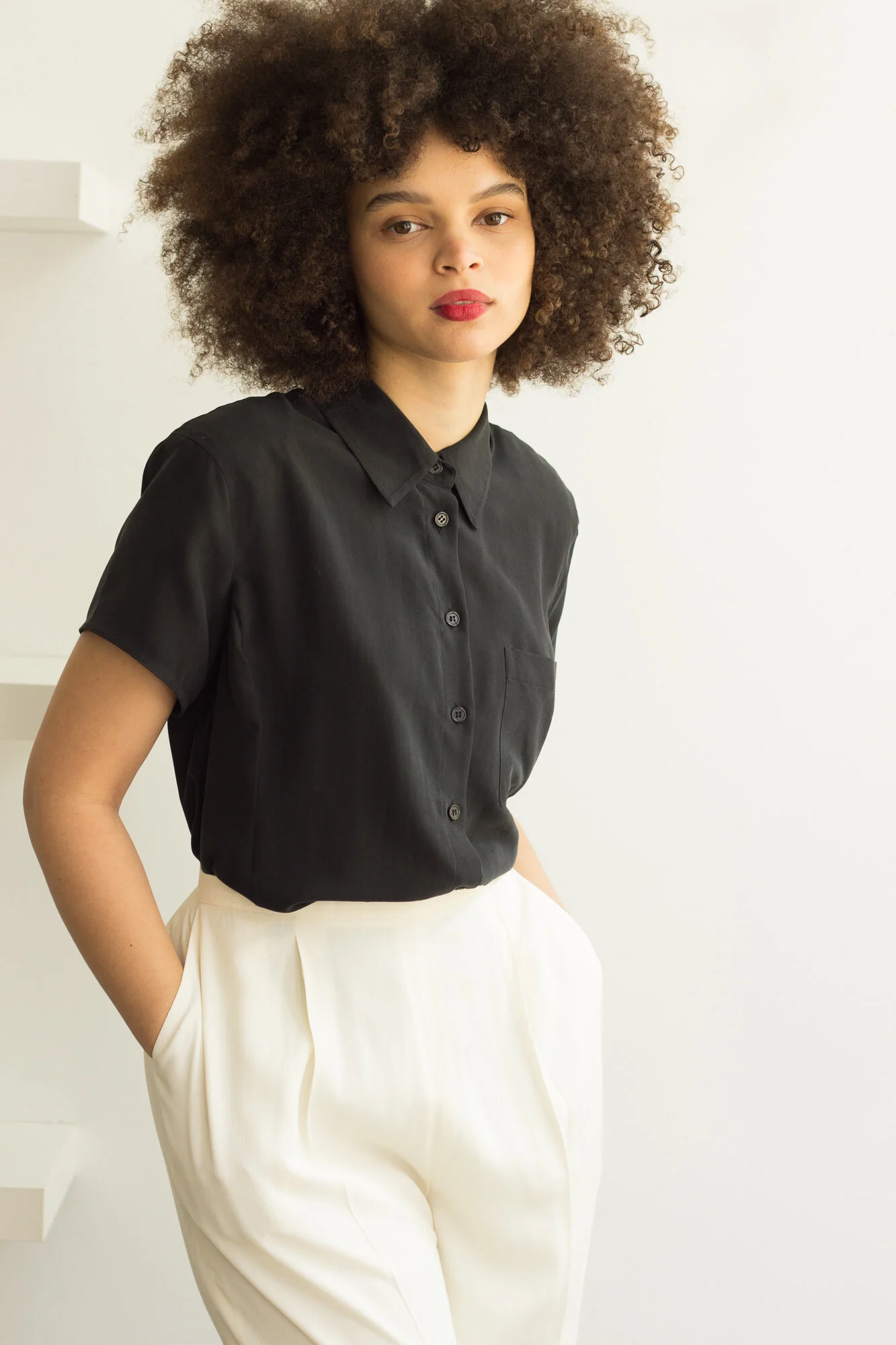 1980s Black Silk Strong Shoulder Blouse
