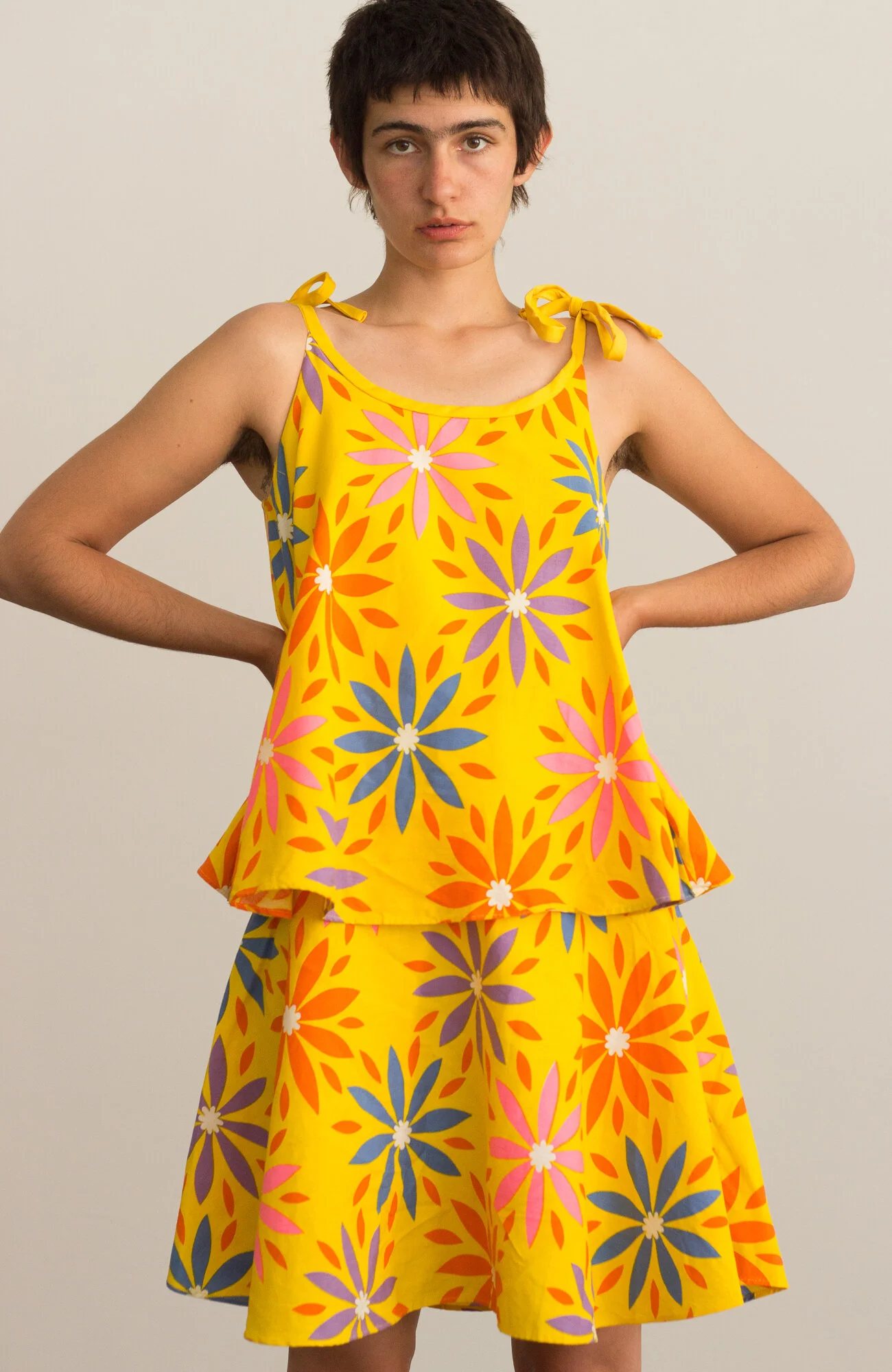 1960s Marigold Graphic Floral Print Tiered Mini Dress  Wayward Collection