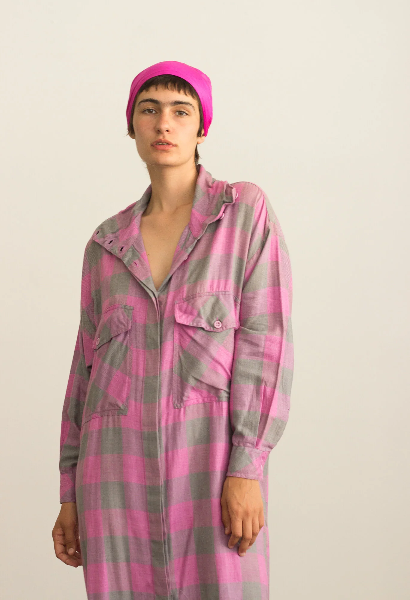 1980s Pink and Green Madras Indian Cotton Smock Dress
