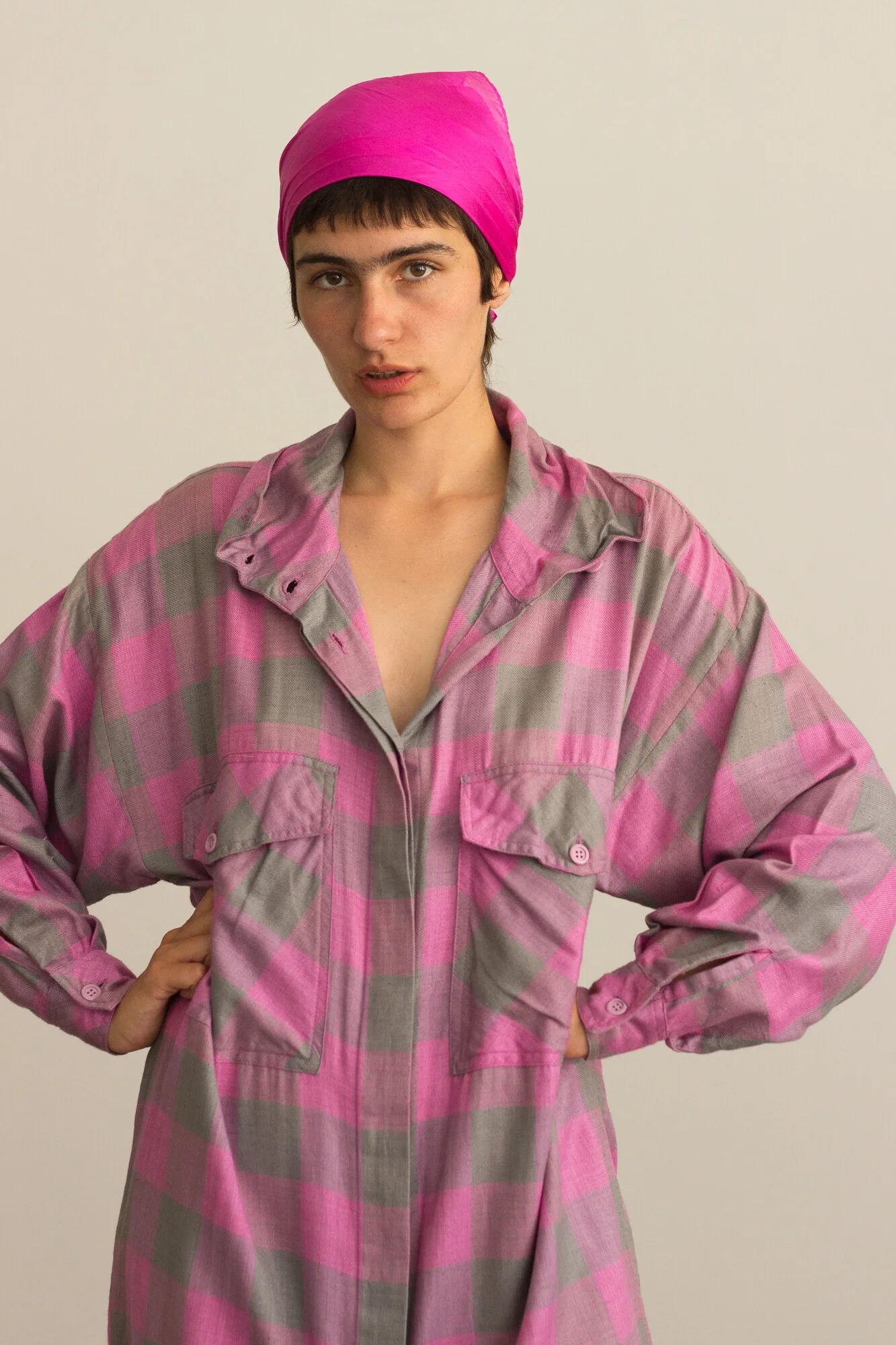 1980s Pink and Green Madras Indian Cotton Smock Dress  Wayward Collection
