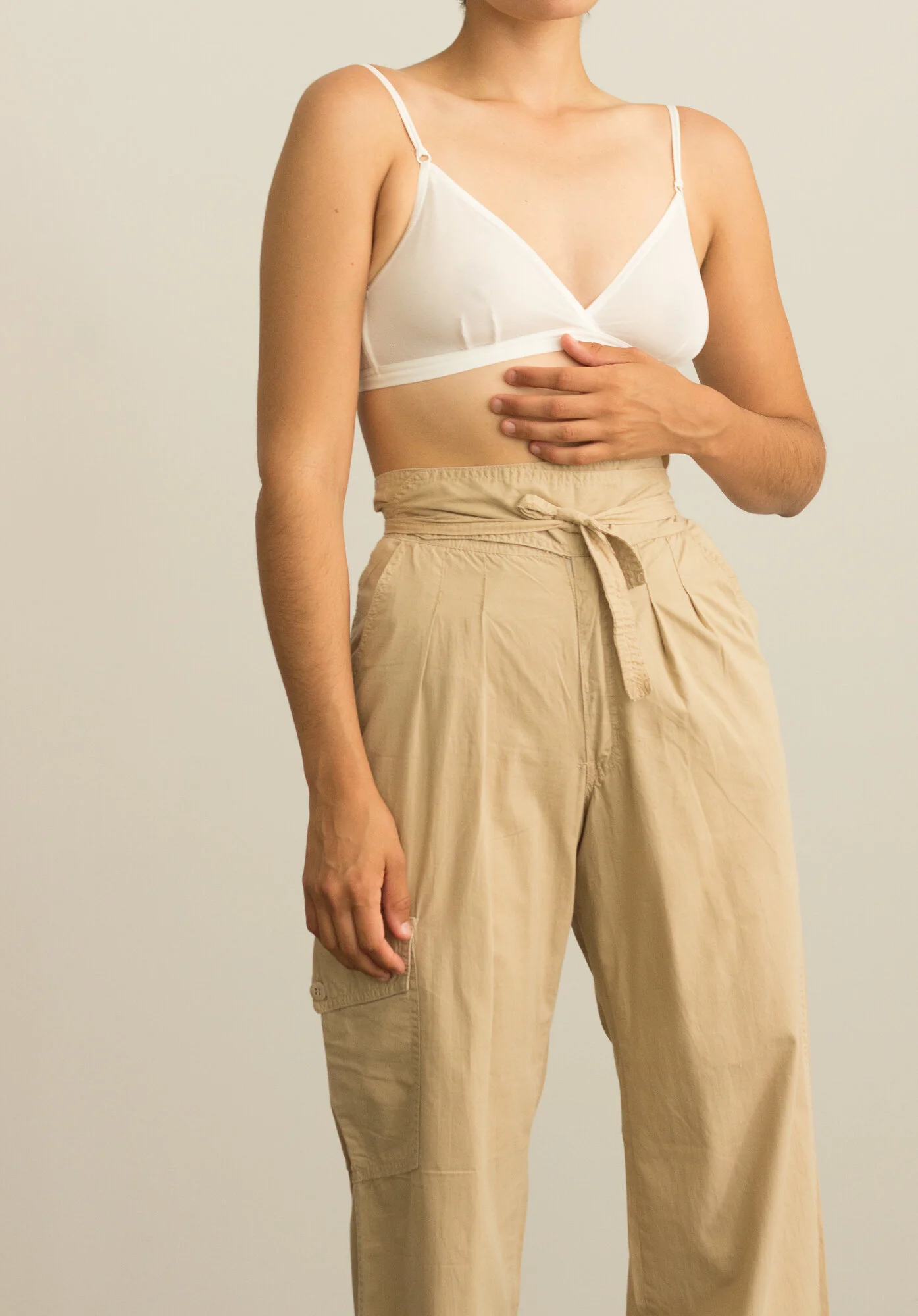 1970s Khaki Cotton Wrap Pants with Cargo Pocket