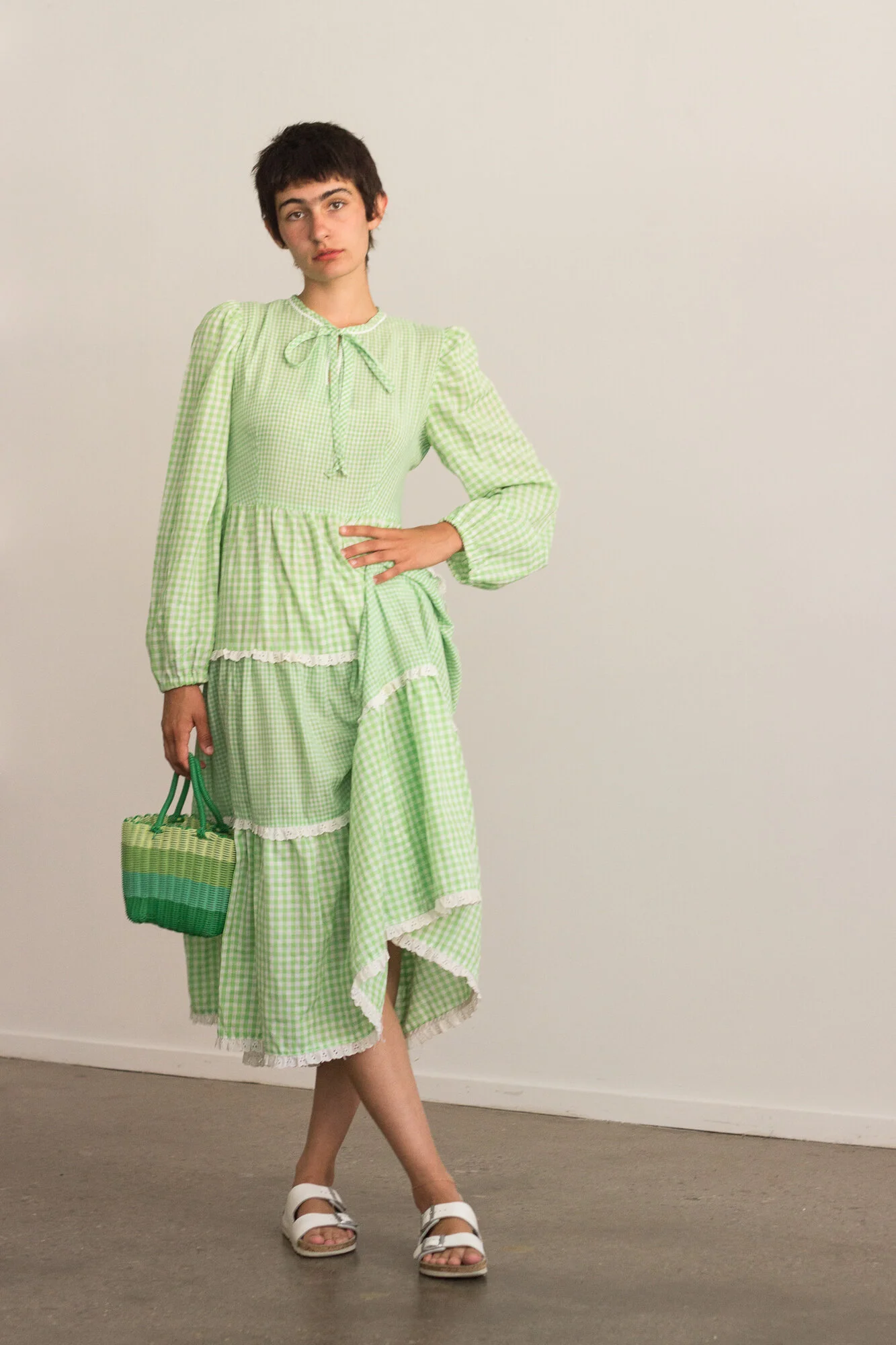 1970s Lime Green Gingham Voile Peasant Dress  Wayward Collection