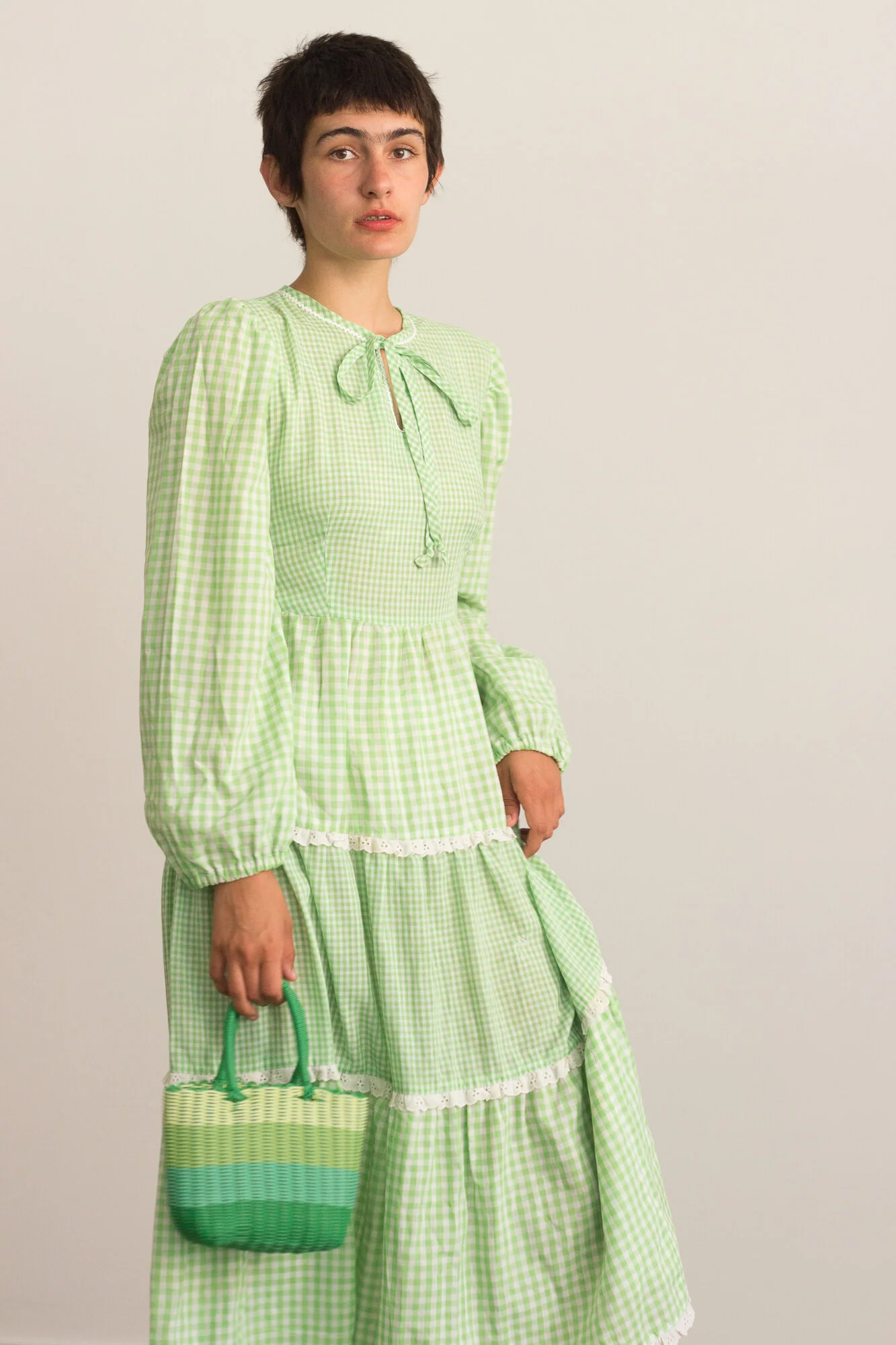 1970s Lime Green Gingham Voile Peasant Dress