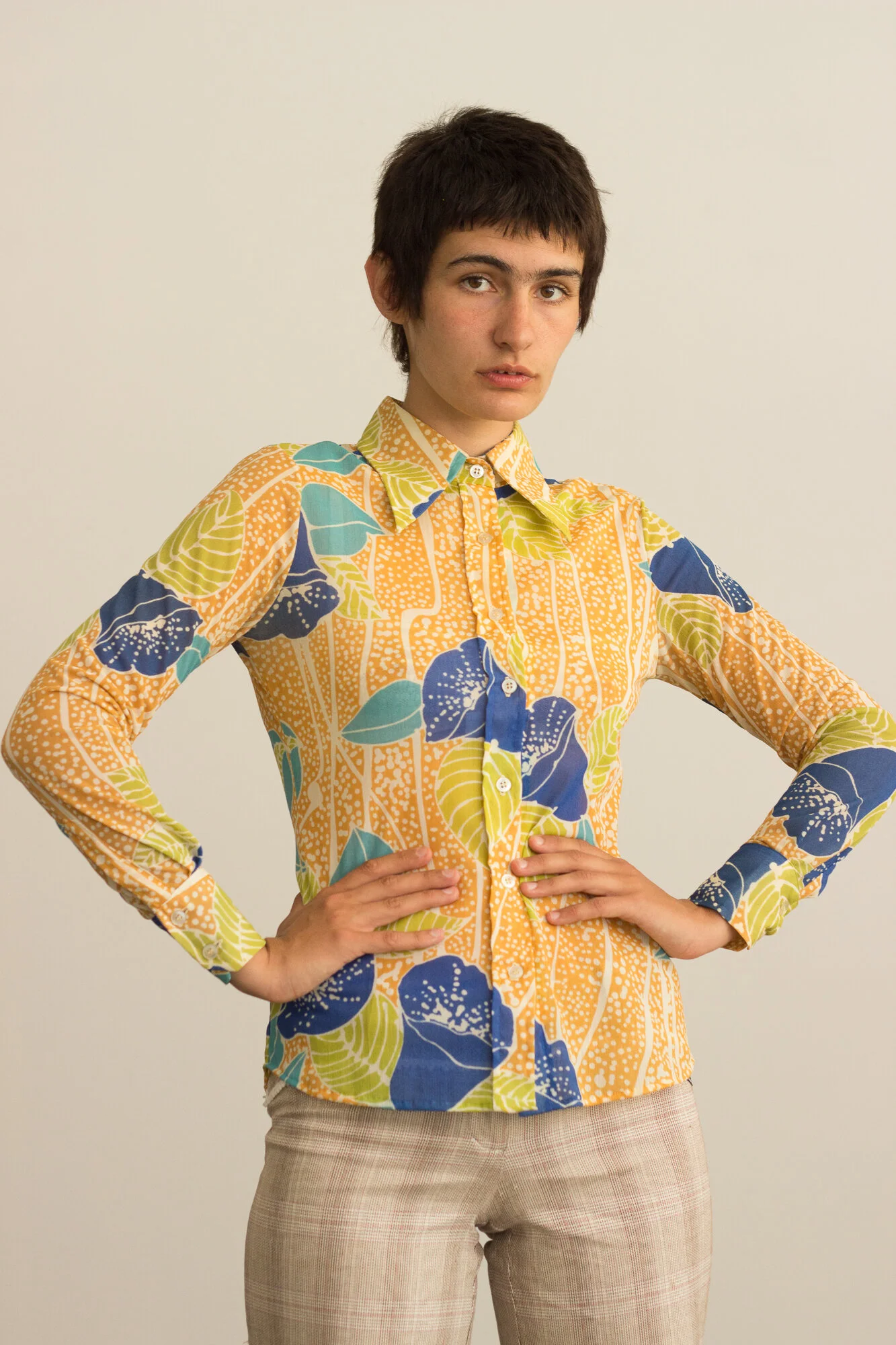 1970s Georgette Floral Sheer Button Down