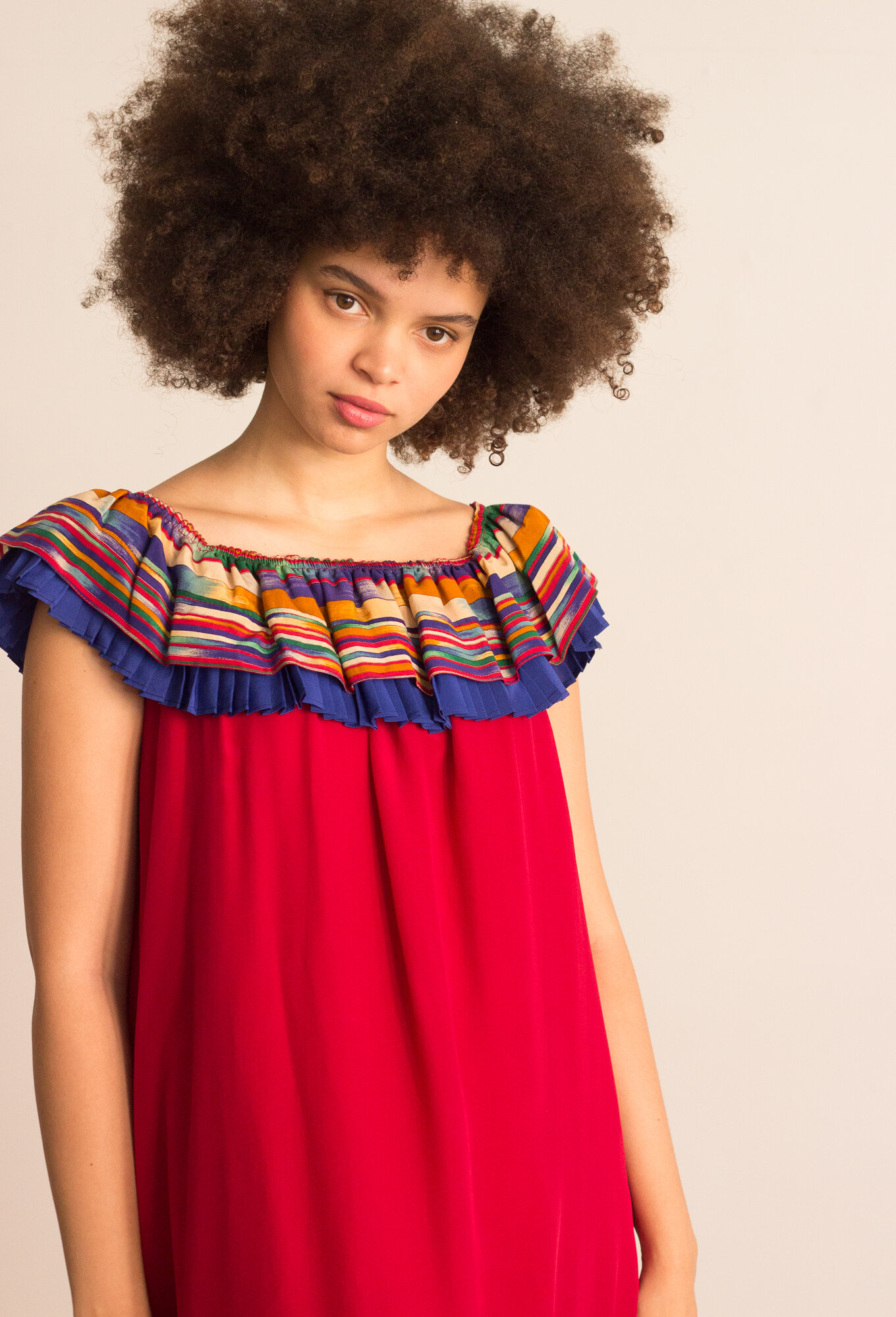 1980s Andrea Odicini Silk Ruffle Collar A-Line Dress