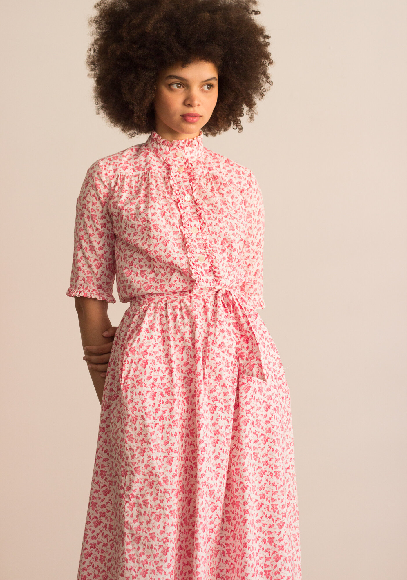 1980s Laura Ashley Liberty Print Cotton Ruffle Shirt Dress