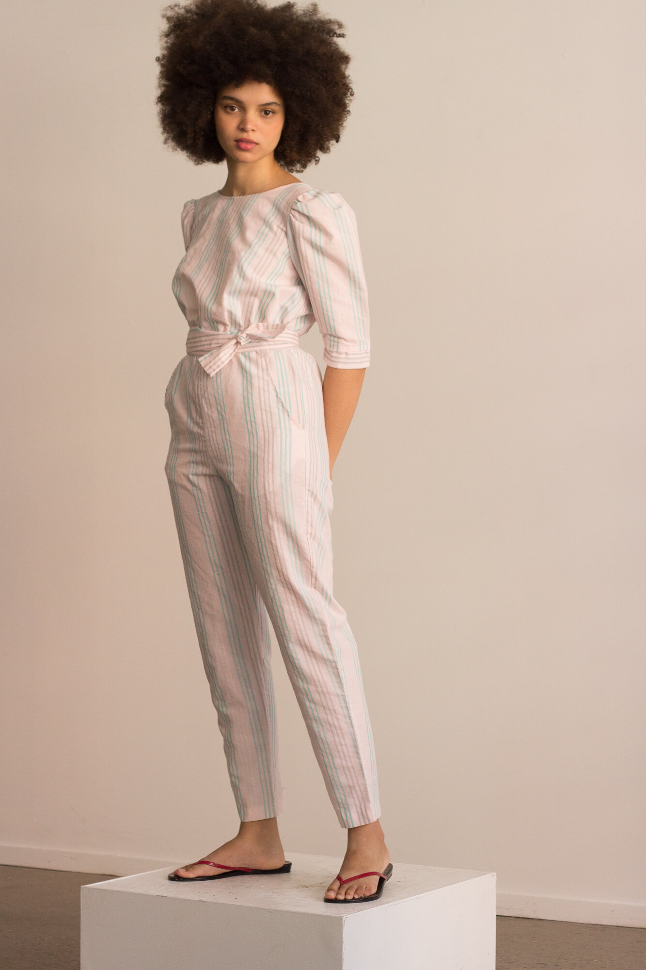 1980s Striped Seersucker Puff Sleeve Jumpsuit