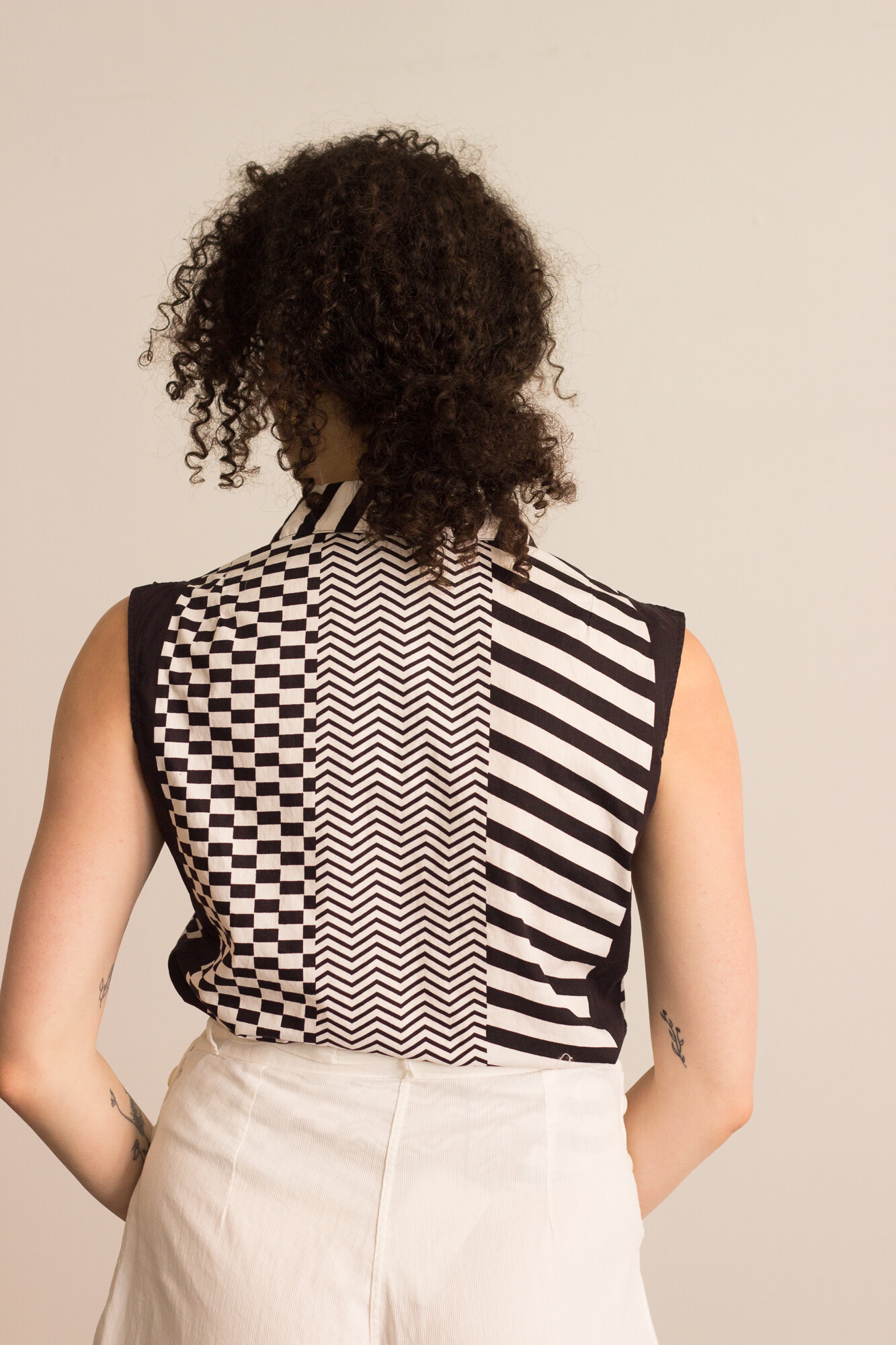 Early 1950s Black and White Stripes and Checks Cotton Top