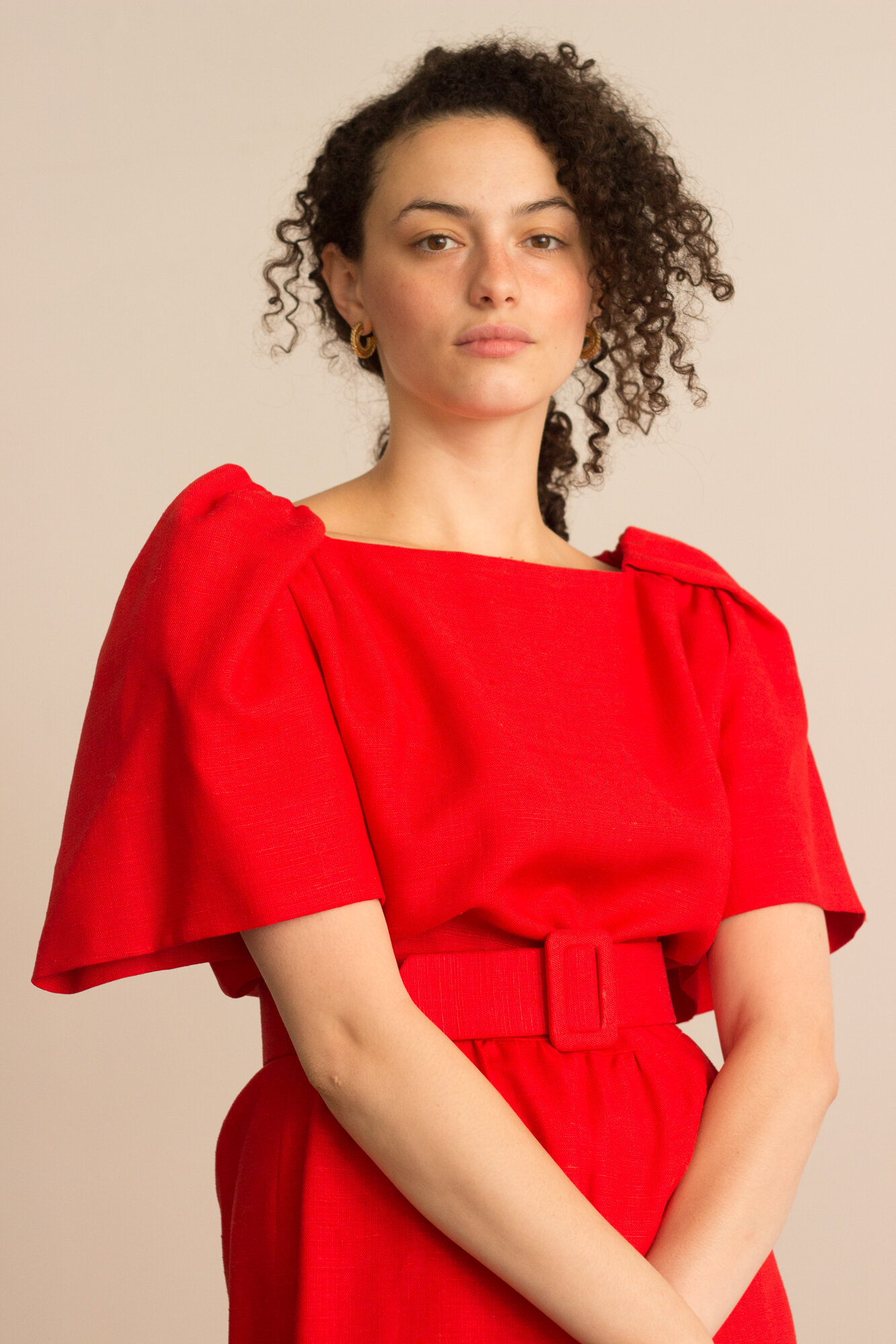 1980s Red Linen Belted Pretty Woman Dress