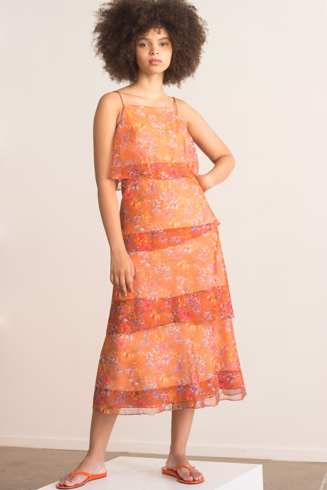 1970s Hot Orange and Pink Chiffon Tiered Dress