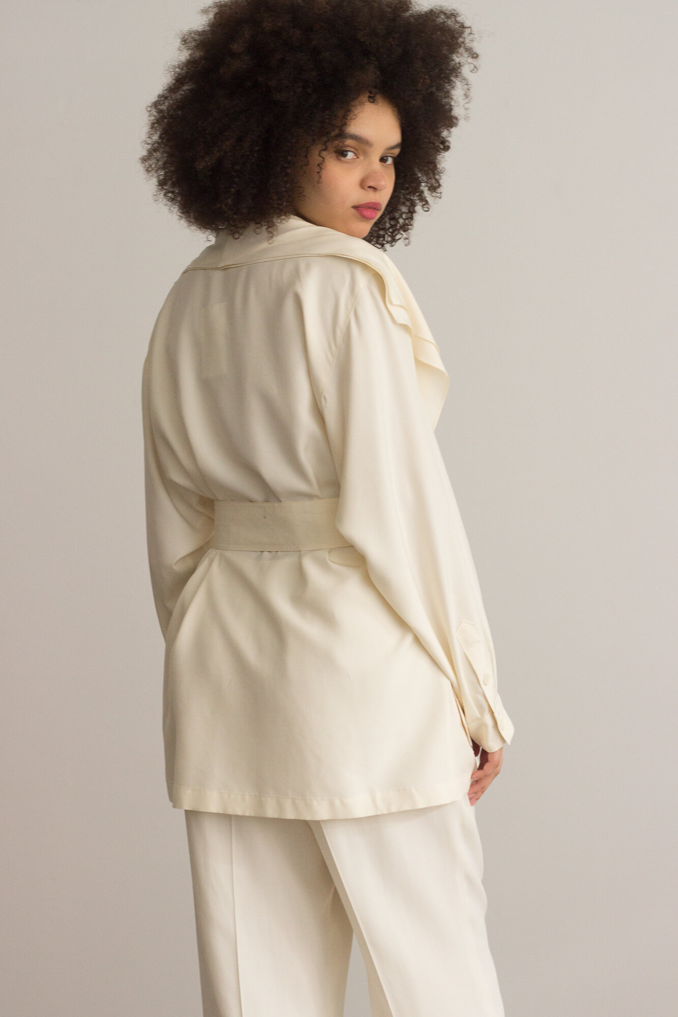1980s Creme Silk Belted Blazer with Ruffled Collar