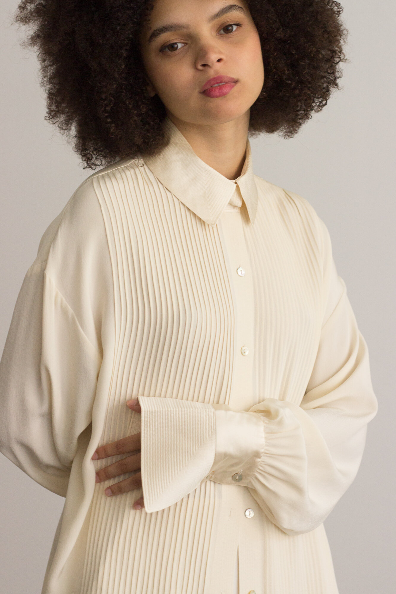 1980s Oversize Creme Pintuck Silk Blouse with French Cuffs