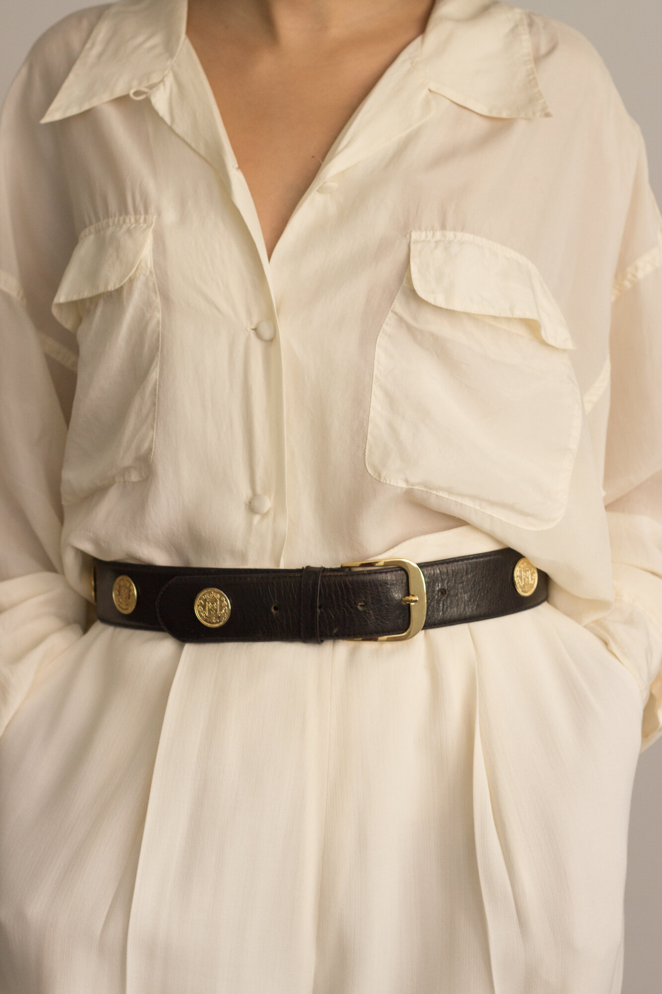 1980s Black Leather Belt with Gold Coins